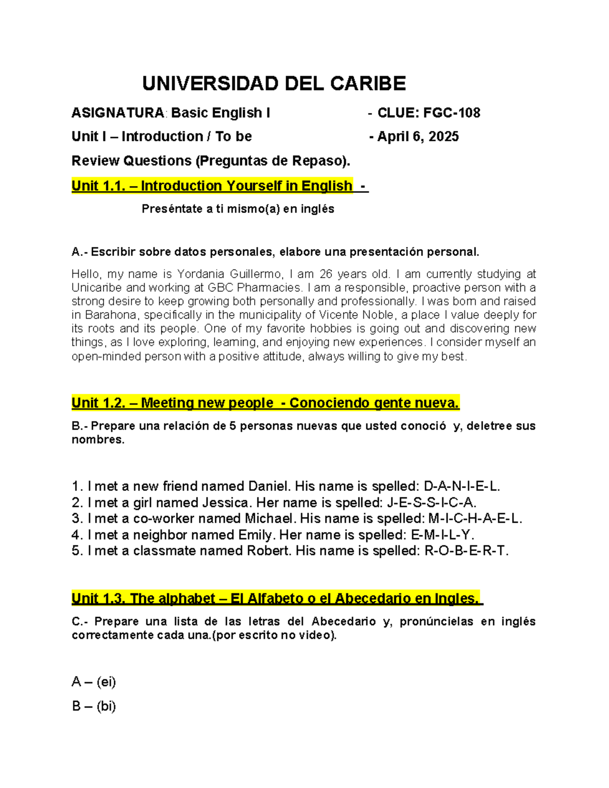 Repaso - Unidad I -Introduction Yourself in English - April 6, 2025 ...