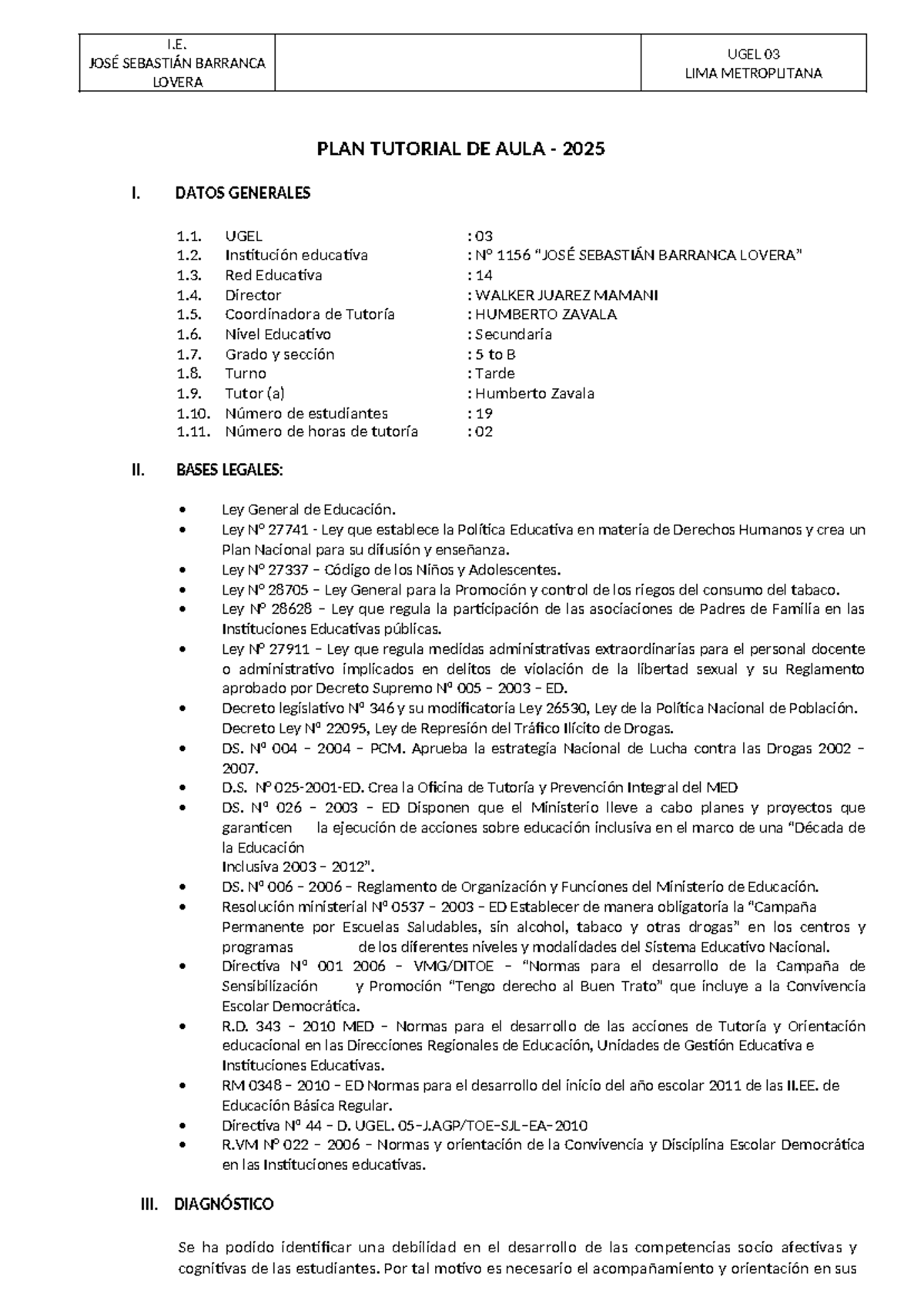 Plan Tutorial de Aula - 2025 (UGEL 03) para Secundaria 5to B - Studocu