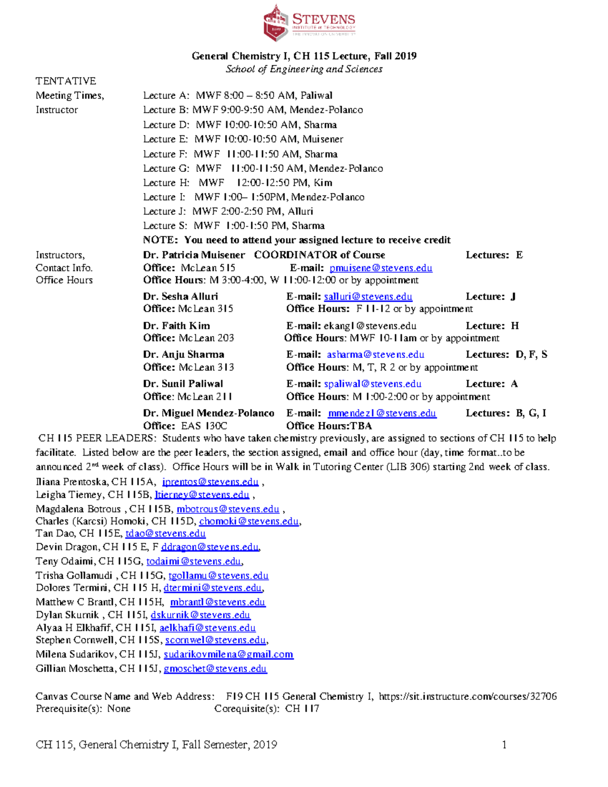 Fall 2019 CH 115 General Chemistry I Syllabus and Course Info - Studocu