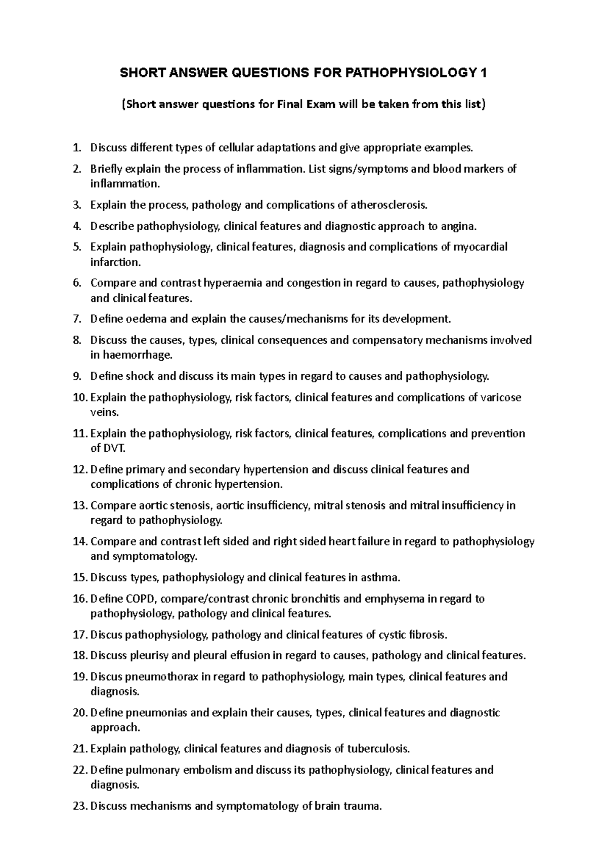 Pathophysiology Short Answer Questions for Final Exam 400138 - Studocu