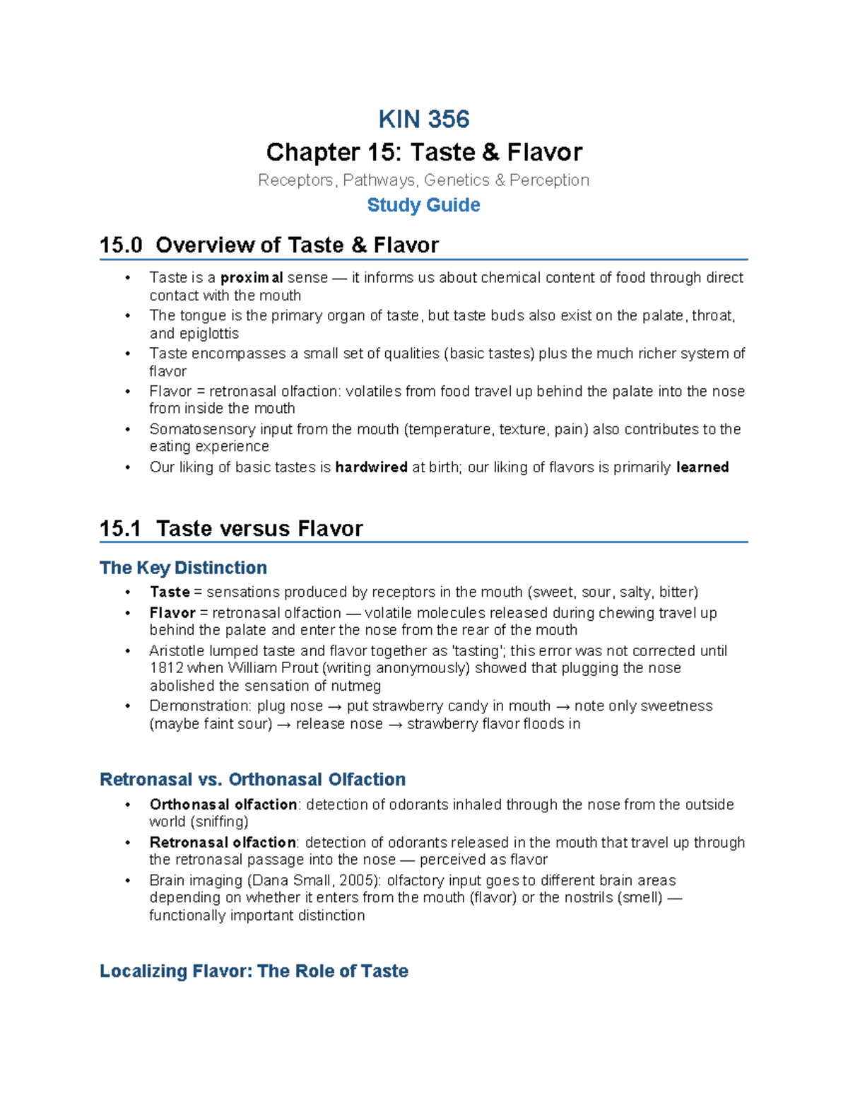 KIN 356 Chapter 15 Study Guide: Understanding Taste and Flavor ...