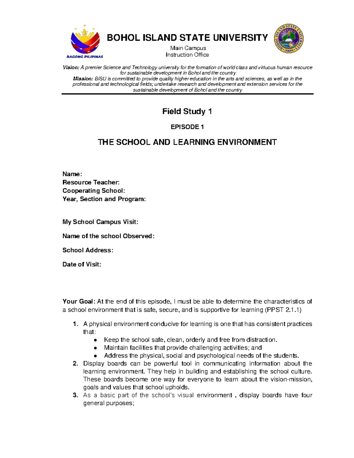 EP-1: Field Study on School Environment Observations and Displays - Studocu