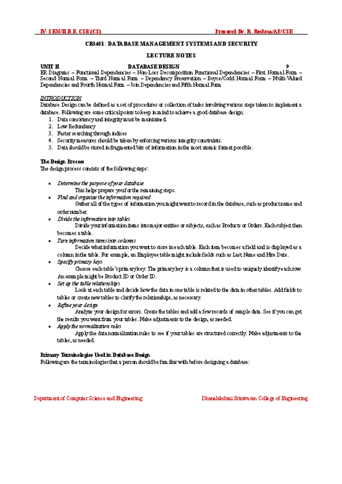 CB3401 - Unit 2 Lecture Notes on Database Design and Normalization ...