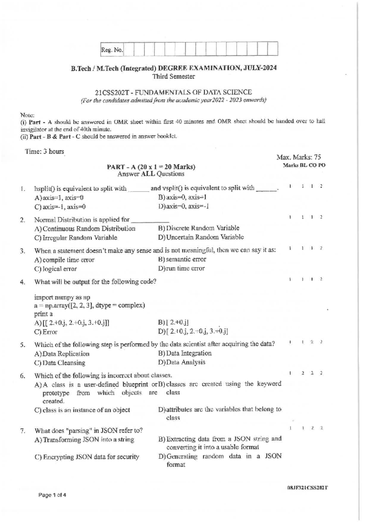 21CSS202T Data Science Fundamentals Exam Paper - 3rd Sem 2024 - Studocu