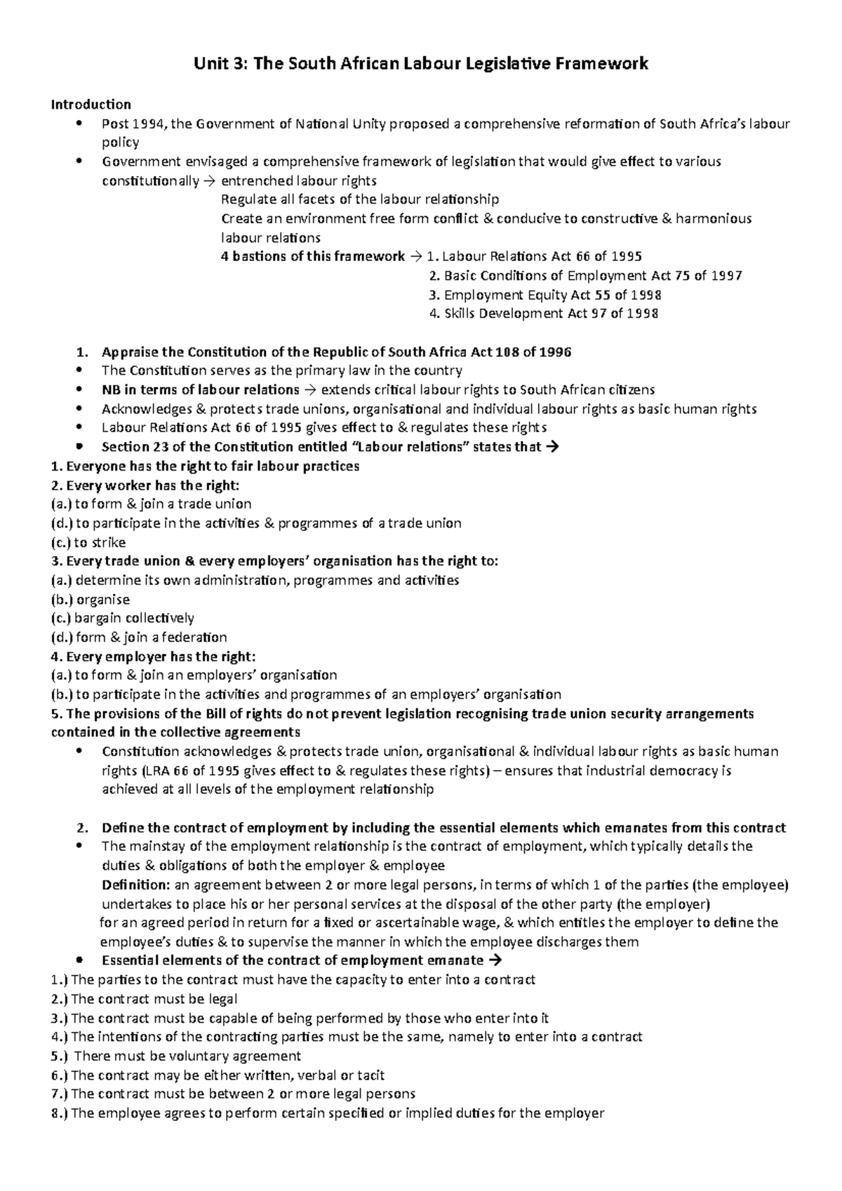 Unit 3: Overview of South African Labour Law Framework and Key Acts ...