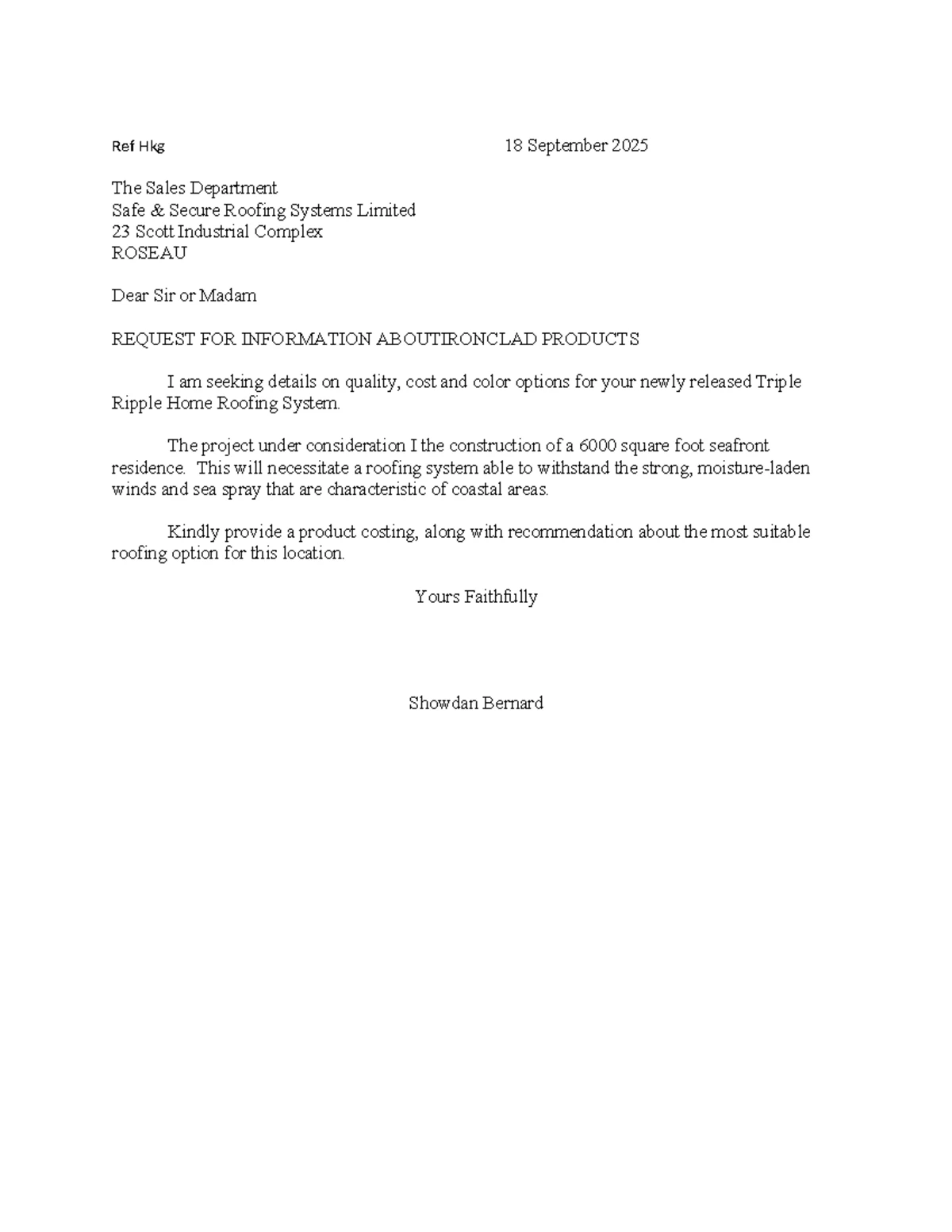 CSEC Blocked Letter Style: Request for Info on Ironclad Roofing ...