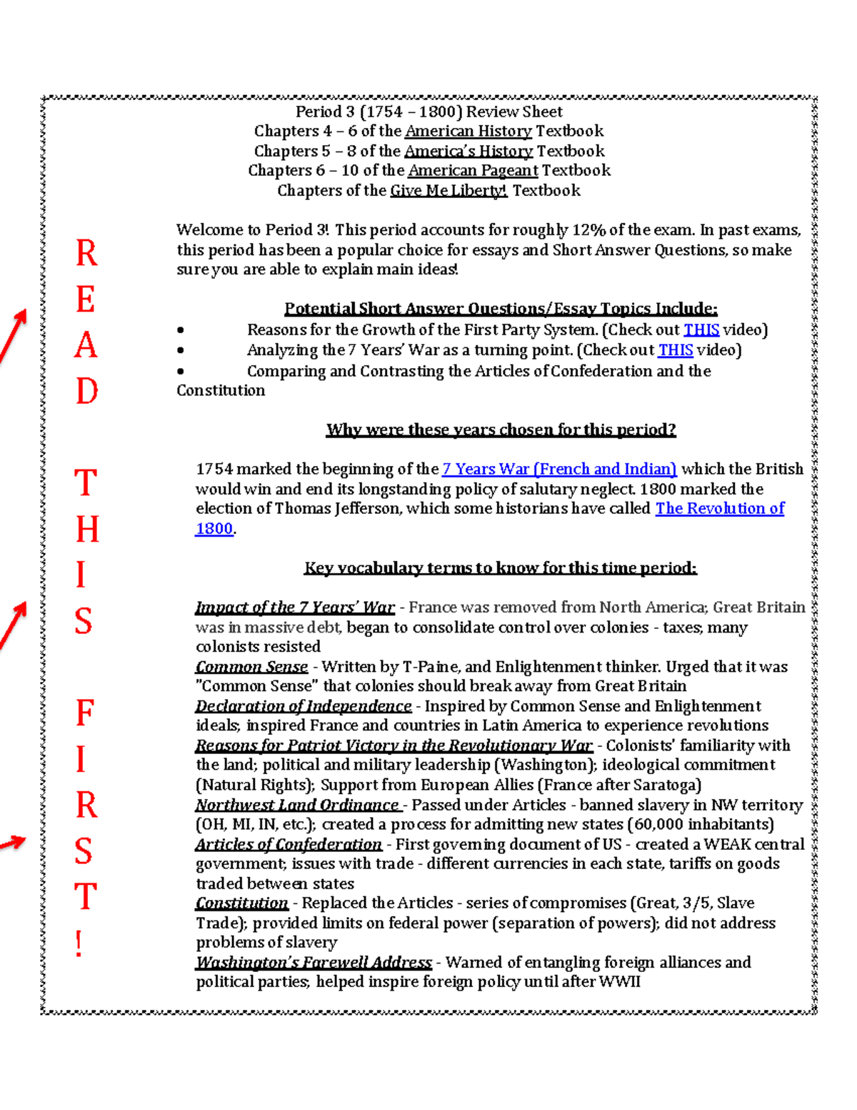 APUSH Extra Credit: Period 3 (1754–1800) Review Sheet Guide - Studocu