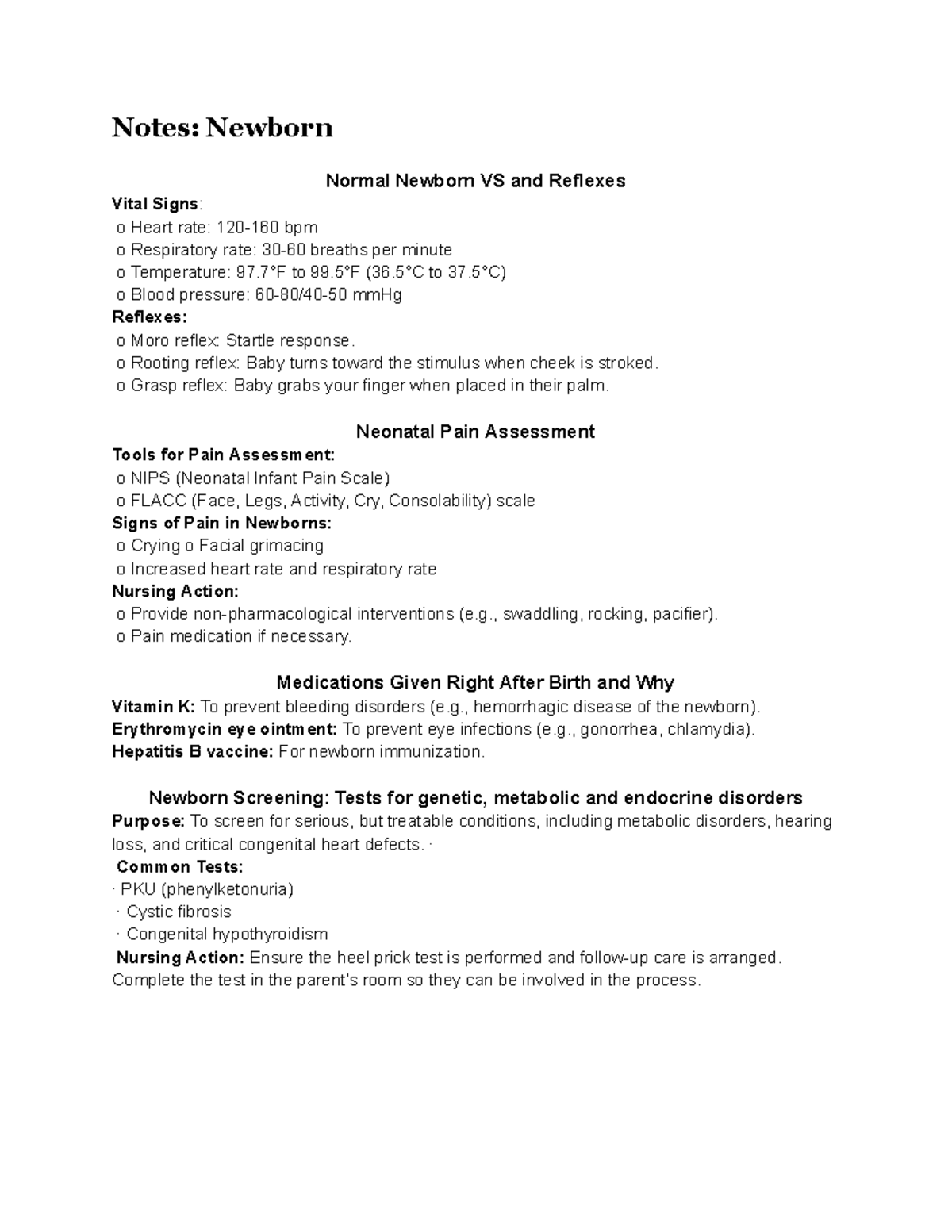 Newborn Care Notes: Vital Signs, Reflexes, and Nursing Actions - Studocu