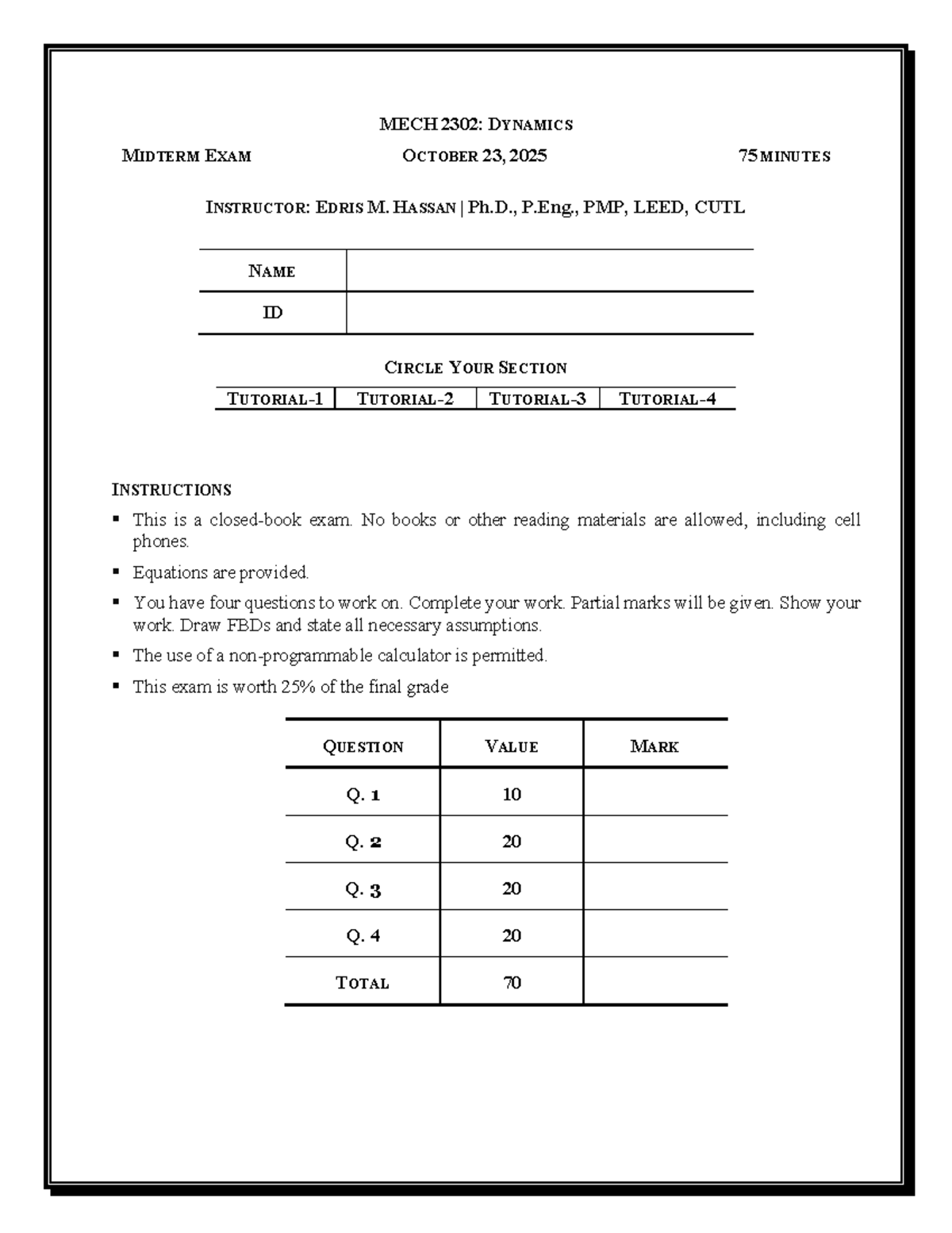 MECH 2302: DYNAMICS MIDTERM EXAM SOLUTIONS - FALL 2025 - Studocu