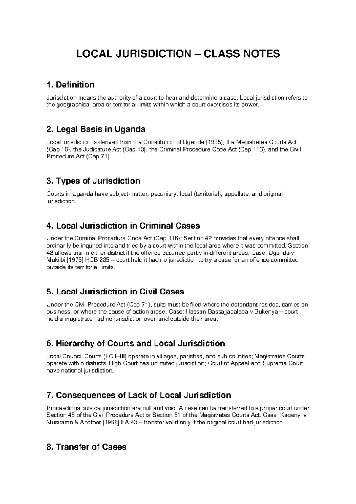 Local Jurisdiction Class Notes Uganda Legal Framework Studocu
