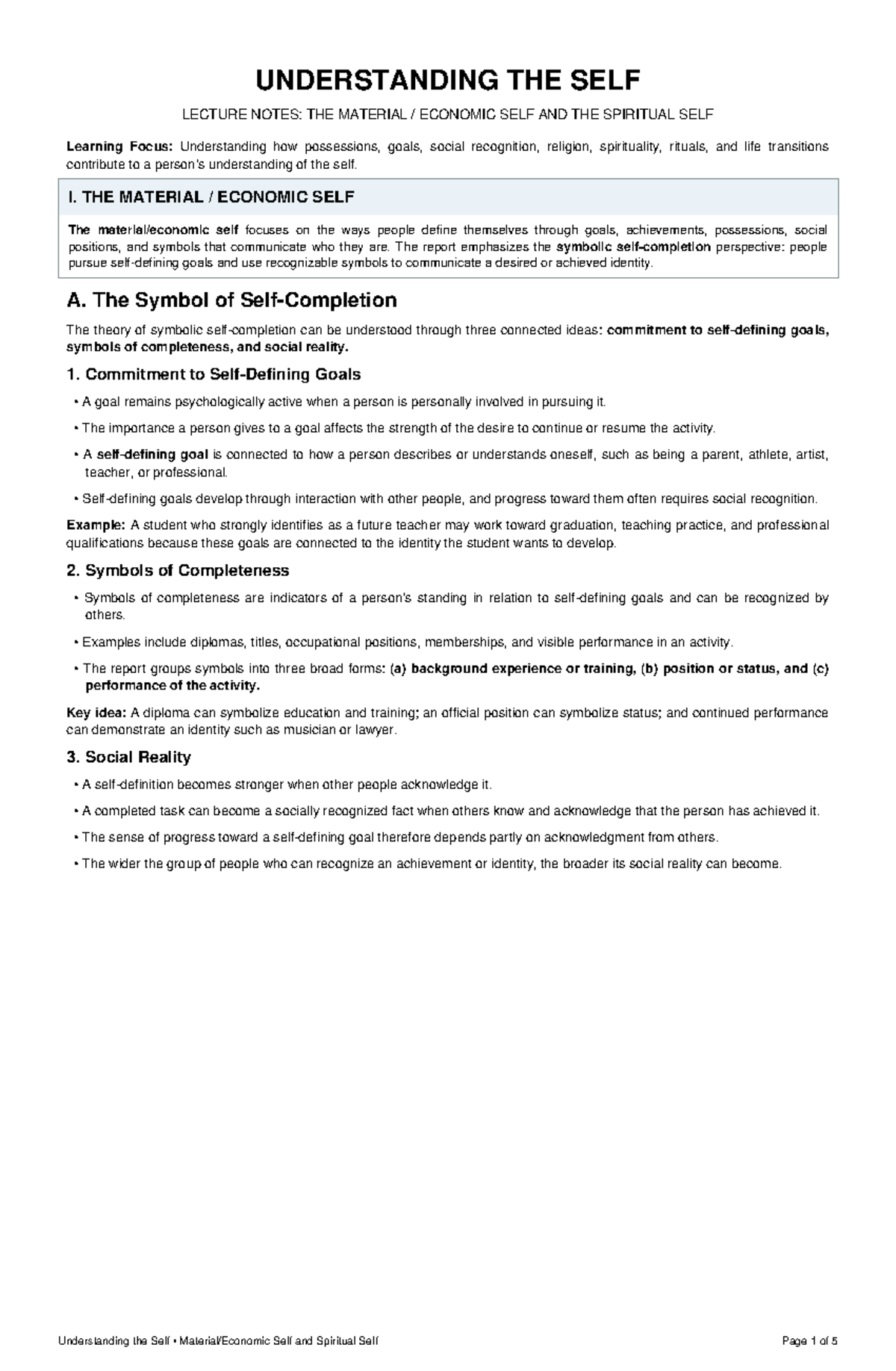 UTS LECTURE NOTES: UNDERSTANDING THE MATERIAL AND SPIRITUAL SELF - Studocu