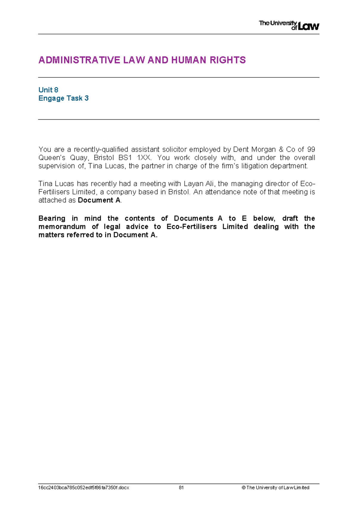 ADMINISTRATIVE LAW & HUMAN RIGHTS 16CC2403: Legal Advice Memo on EFL's ...