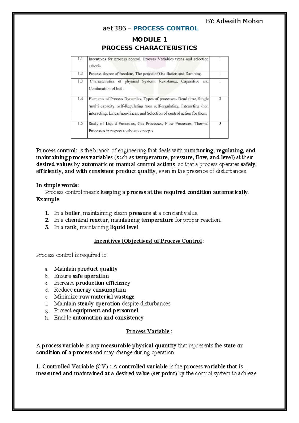 AET 386 Process Control: Module 1 - Process Characteristics Overview ...