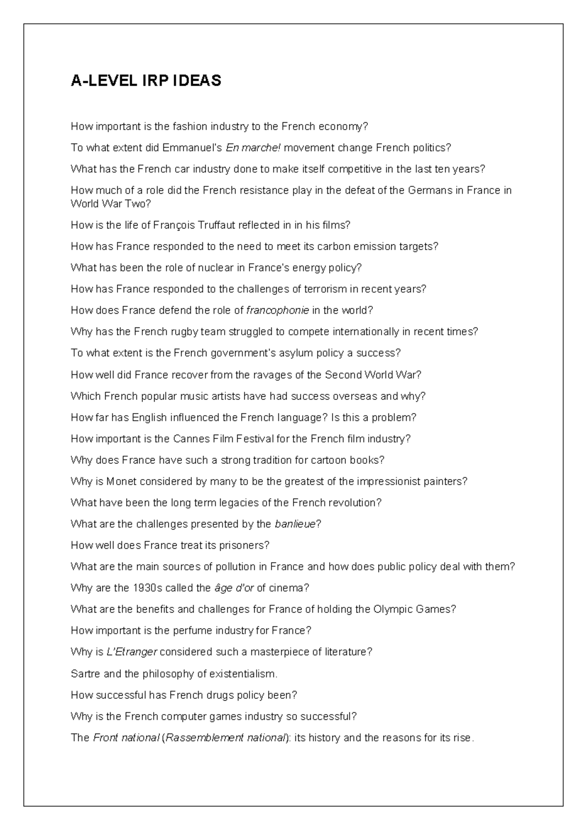 Y13 IRP Ideas: Key Questions on French Society and Economy - Studocu