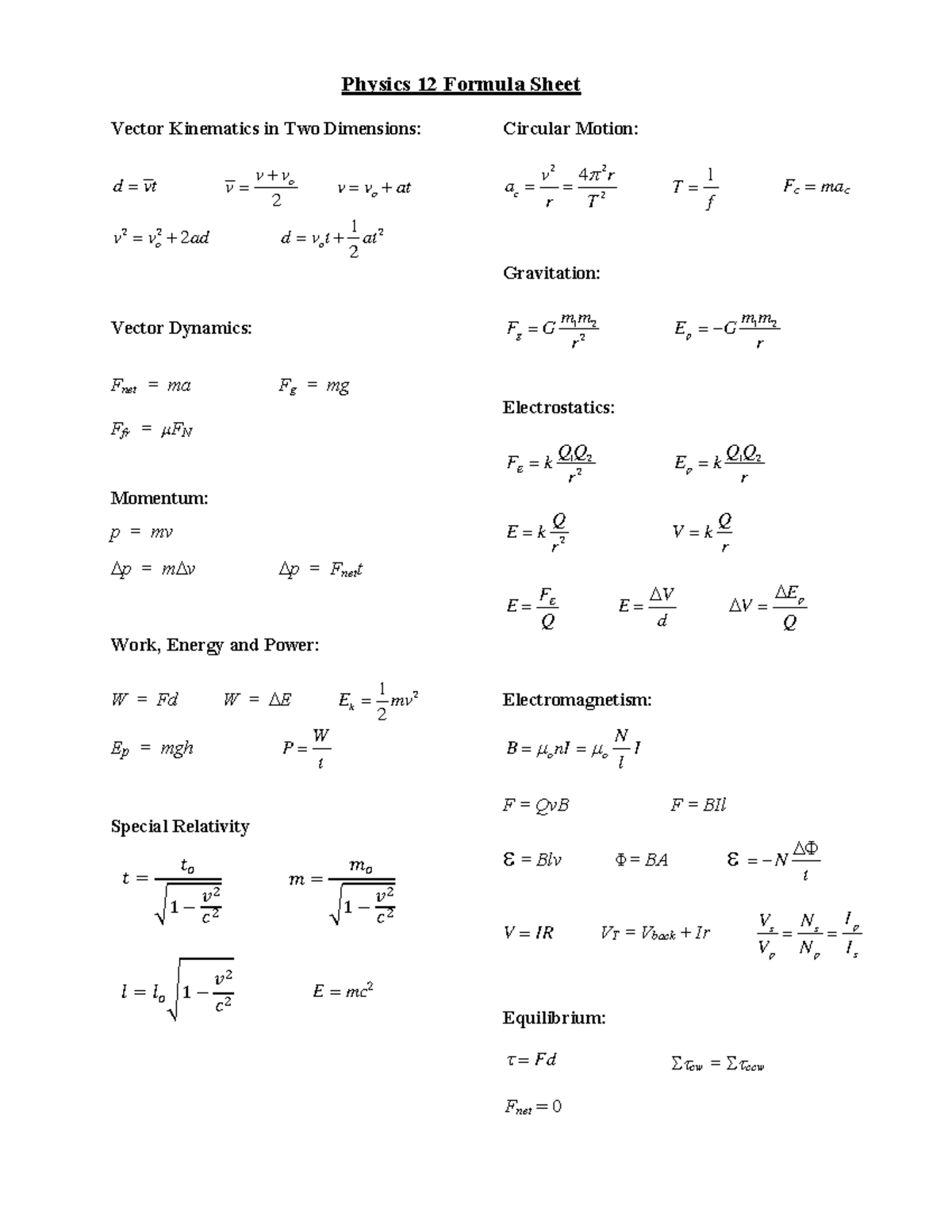 Physics 12 Final Exam Formula Sheet with Key Concepts and Constants ...