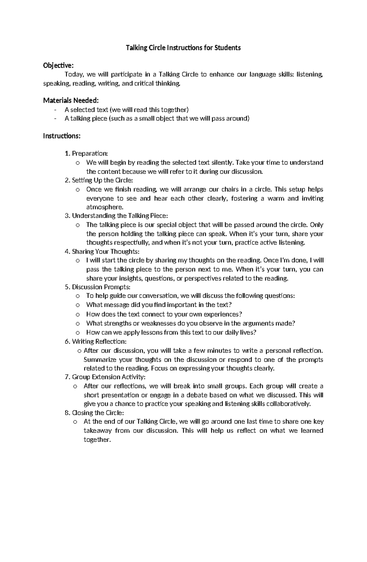 WEEK 3-4 Talking Circle Instructions for Child Learners - Studocu