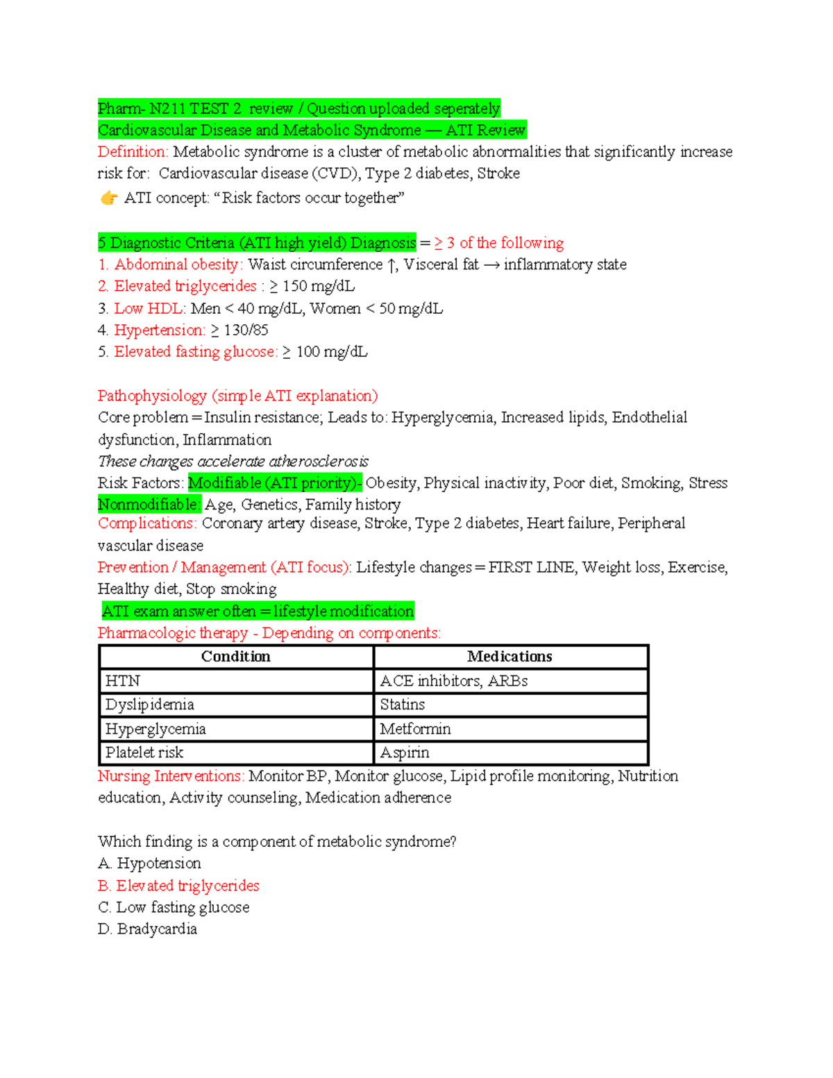 Pharm N211 Test 2 Review: Cardiovascular & Metabolic Syndrome Insights ...