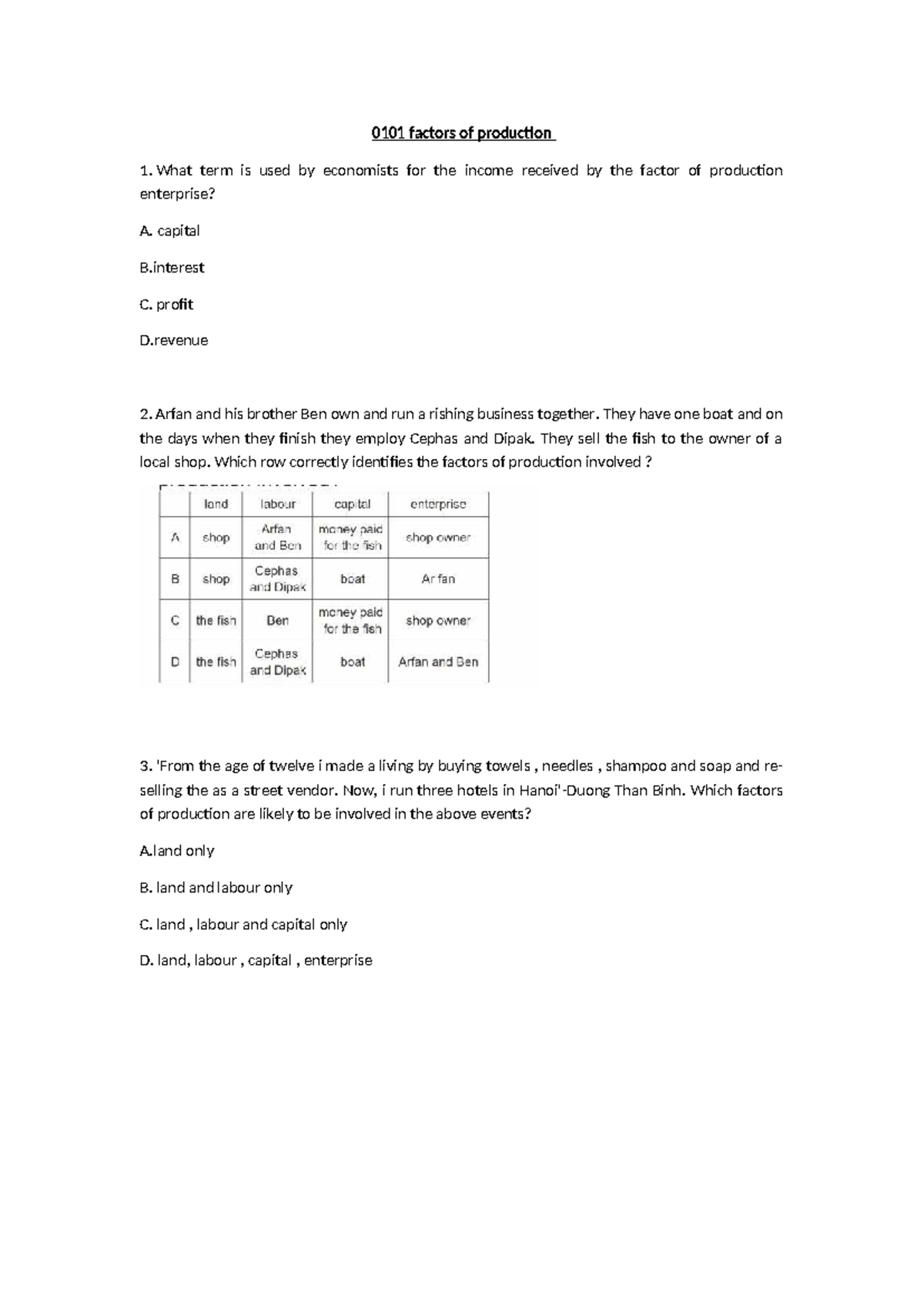 0101 Factors of Production: Key Concepts and Examples - Studocu