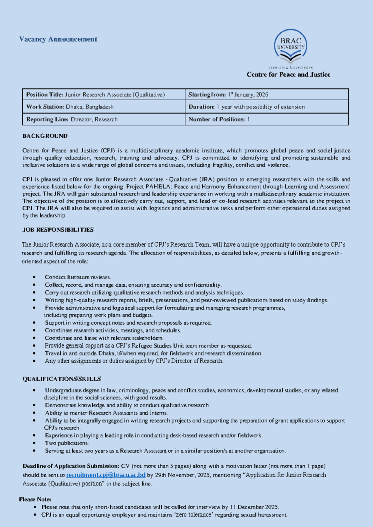 Junior Research Associate (Qualitative) Vacancy Announcement - CPJ ...