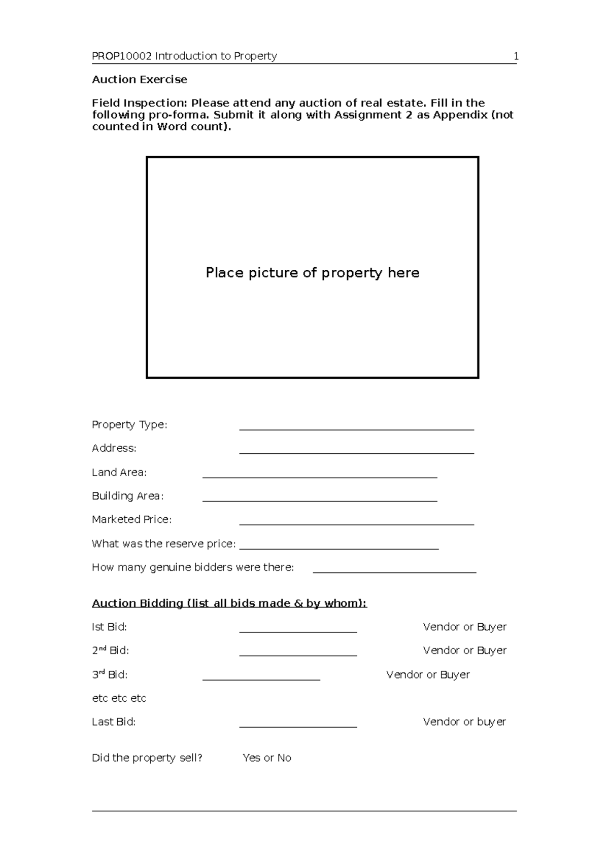 Property 1 Auction Exercise: Field Inspection Report - Studocu