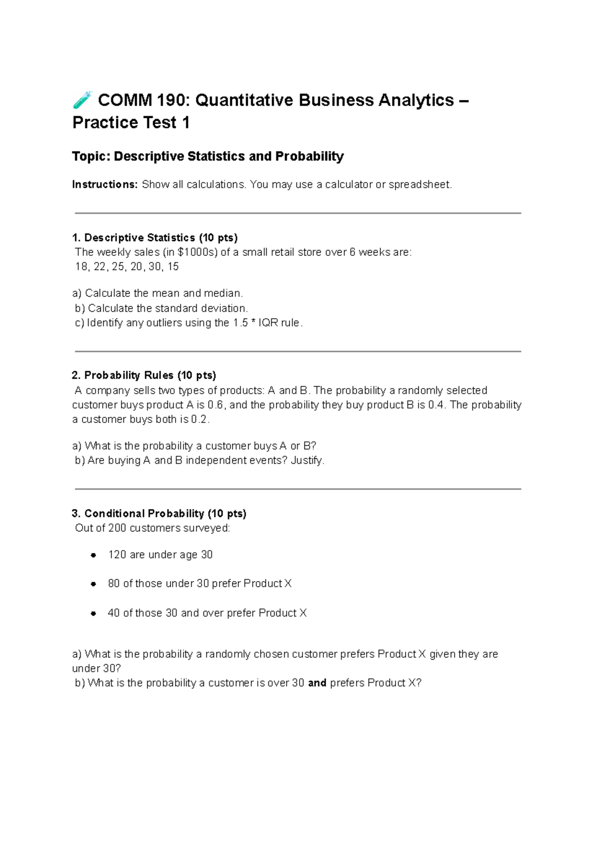 COMM 190: Practice Test 1 on Descriptive Stats & Probability - Studocu