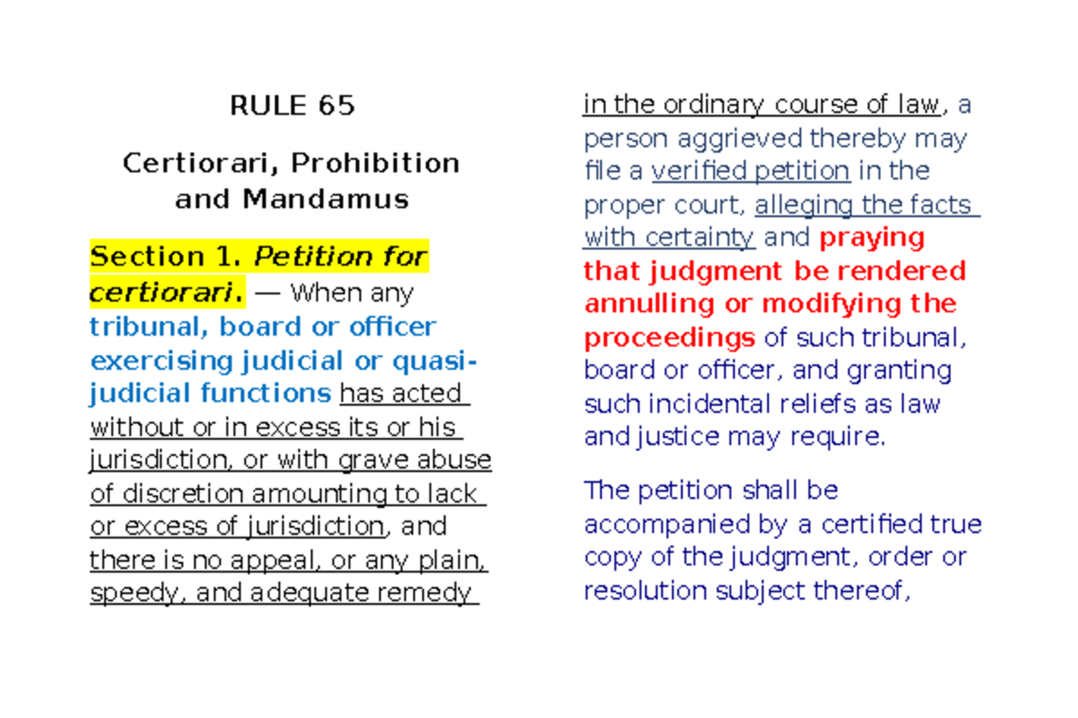 RULE 65: Certiorari, Prohibition & Mandamus Sections 1, 2, 7 Overview ...