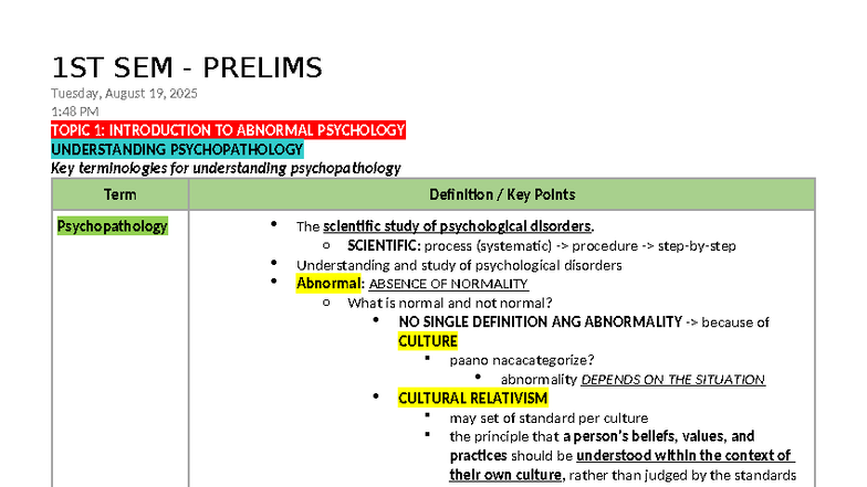 1ST SEM PRELIMS: Intro to Abnormal Psychology Overview - Studocu