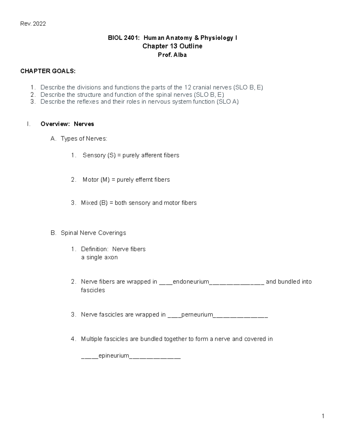 Ch 13 Outline - Chapter 13: The Peripheral Nervous System and Reflex ...