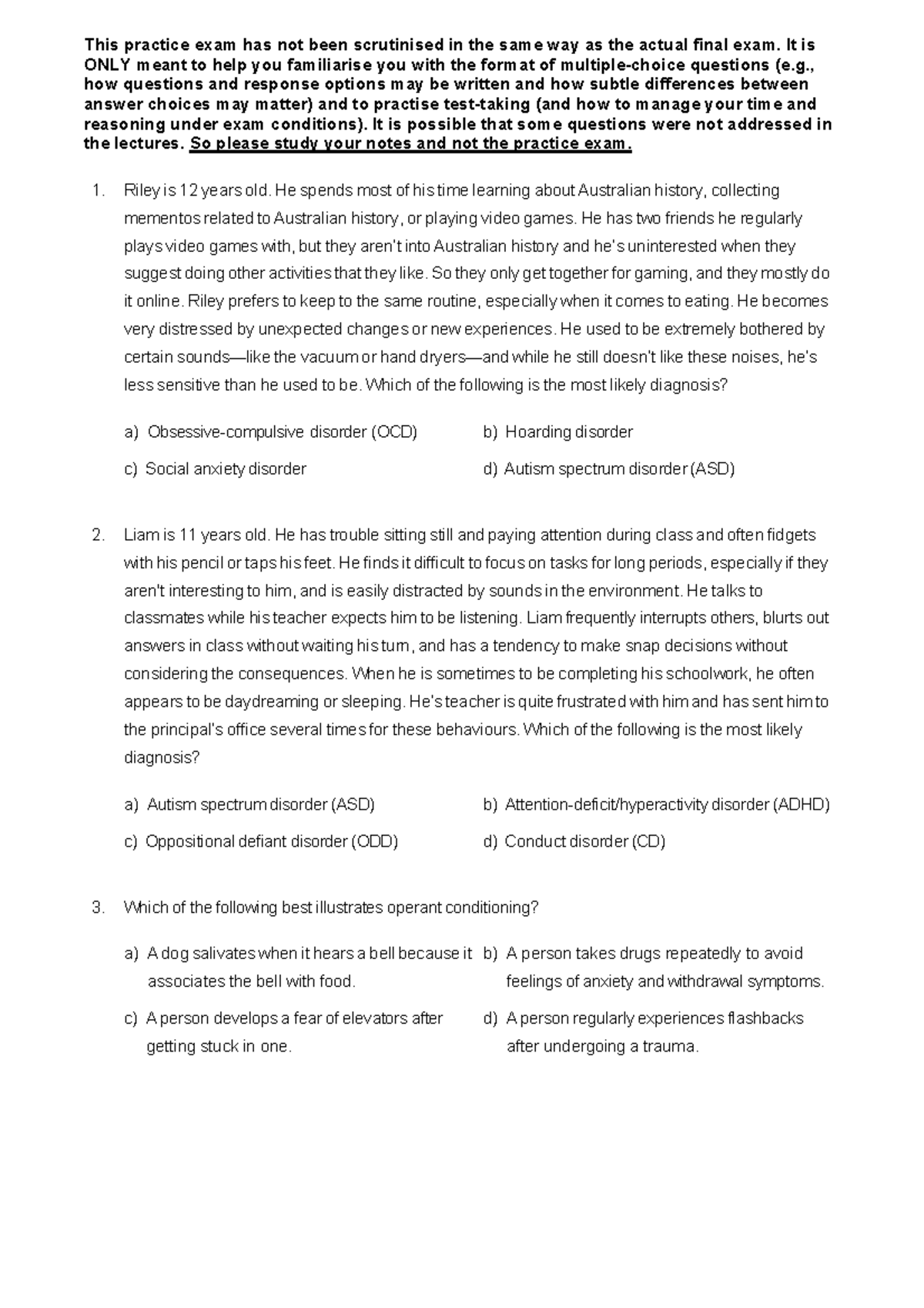 Practice Exam: Psychology 101 - Final Exam Preparation - Studocu