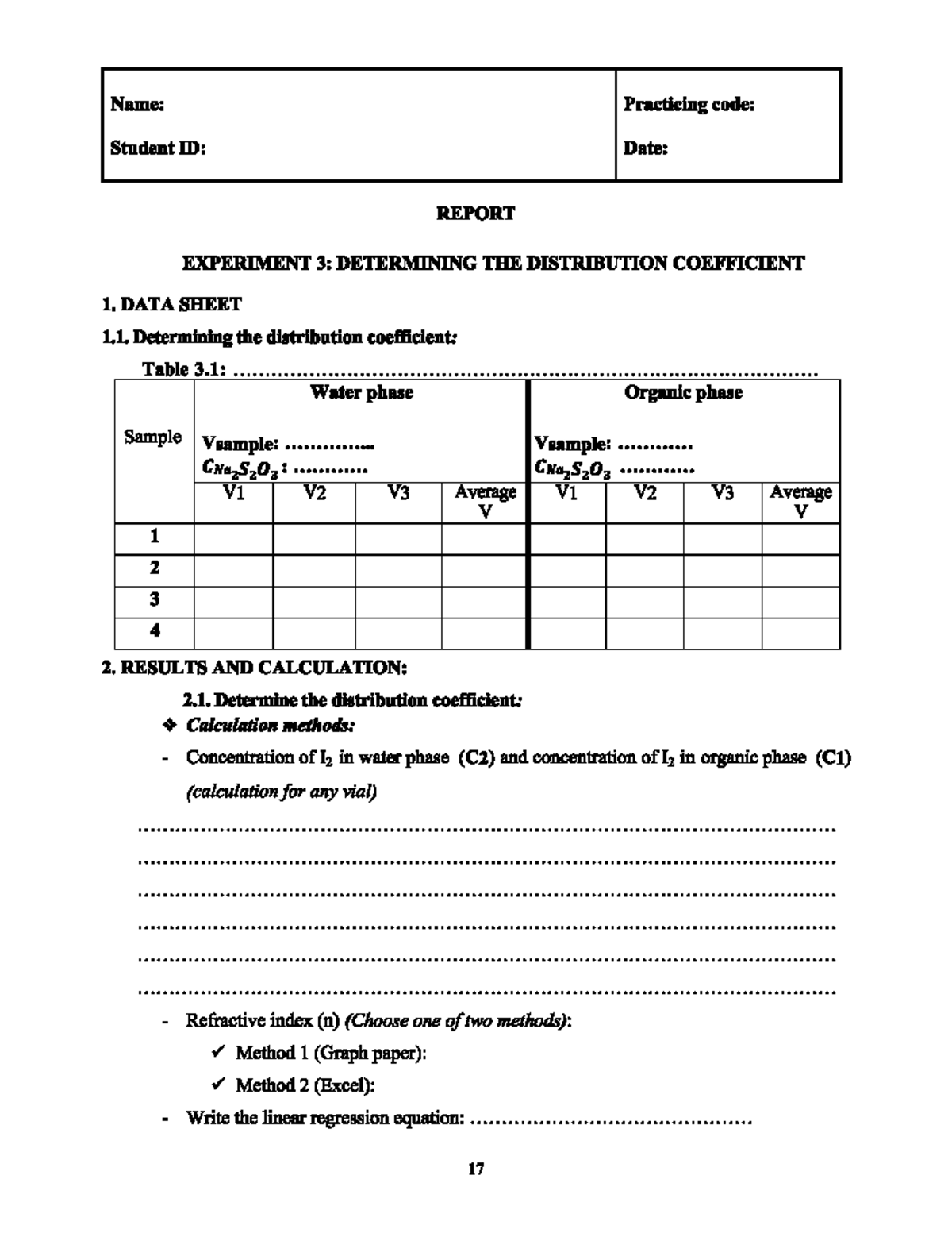 EXP 3: Determining the Distribution Coefficient Report - Studocu