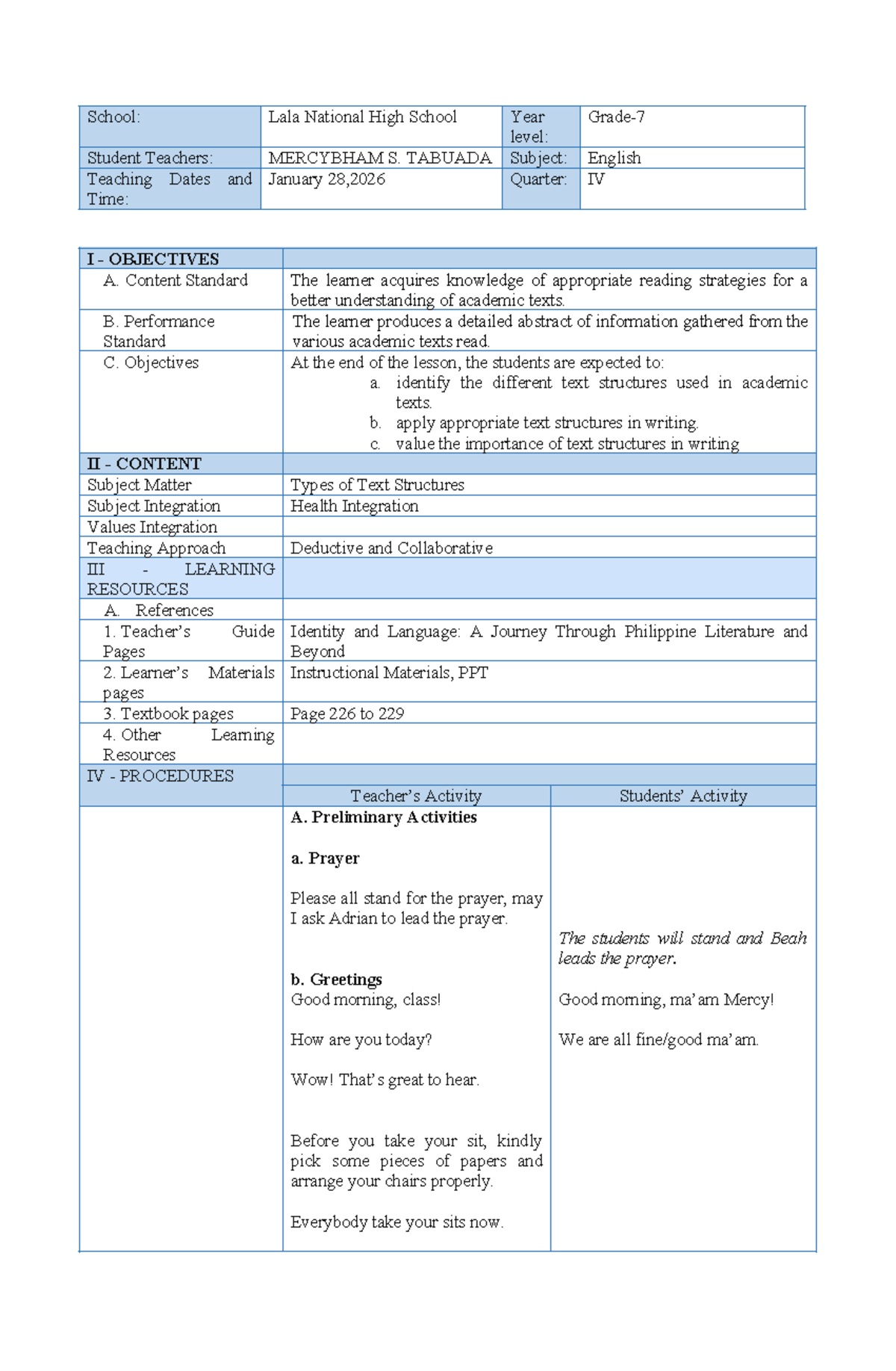 Types of Text Structures Lesson Plan (English IV) - Studocu