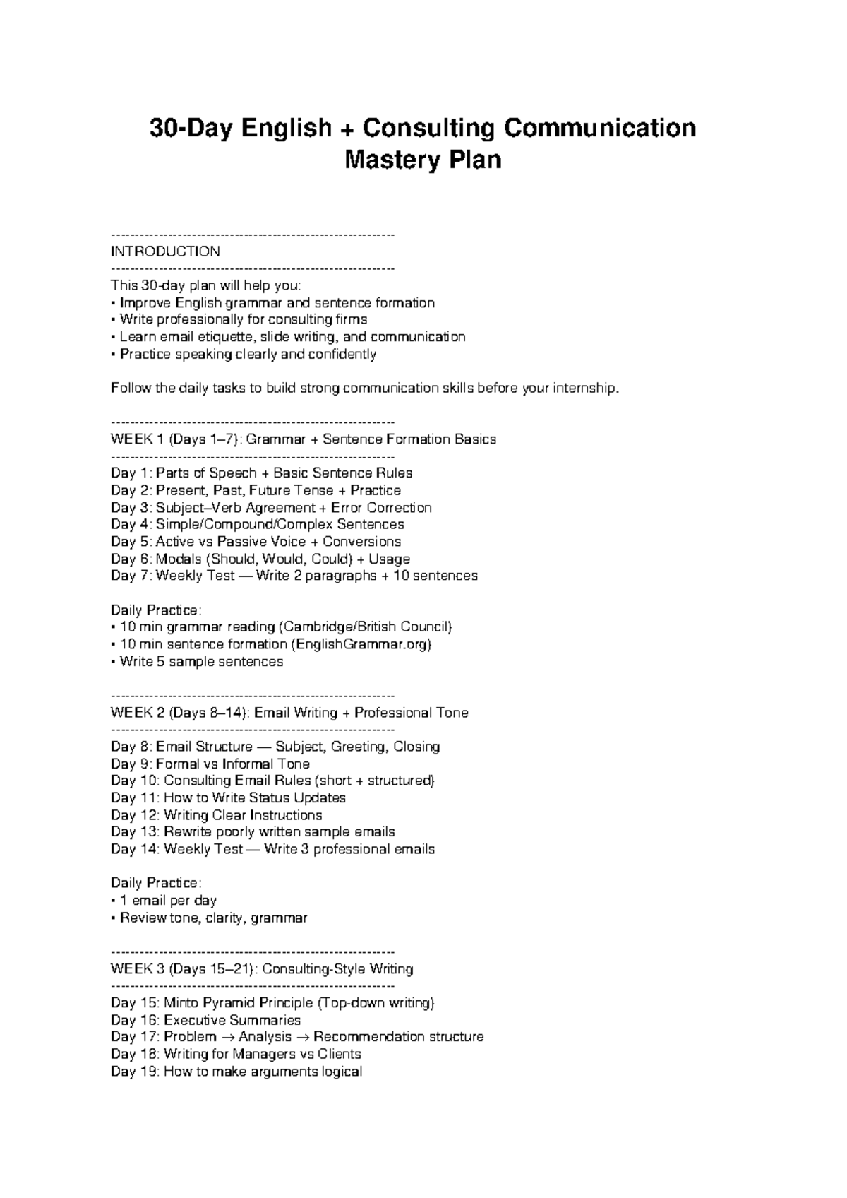 English Consulting Communication 30-Day Mastery Plan - Studocu