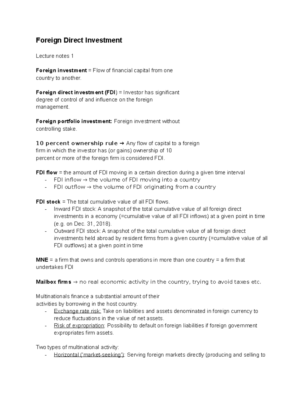 FDI, trade & geography lecture and tutorial notes midterm (week 1-4 ...