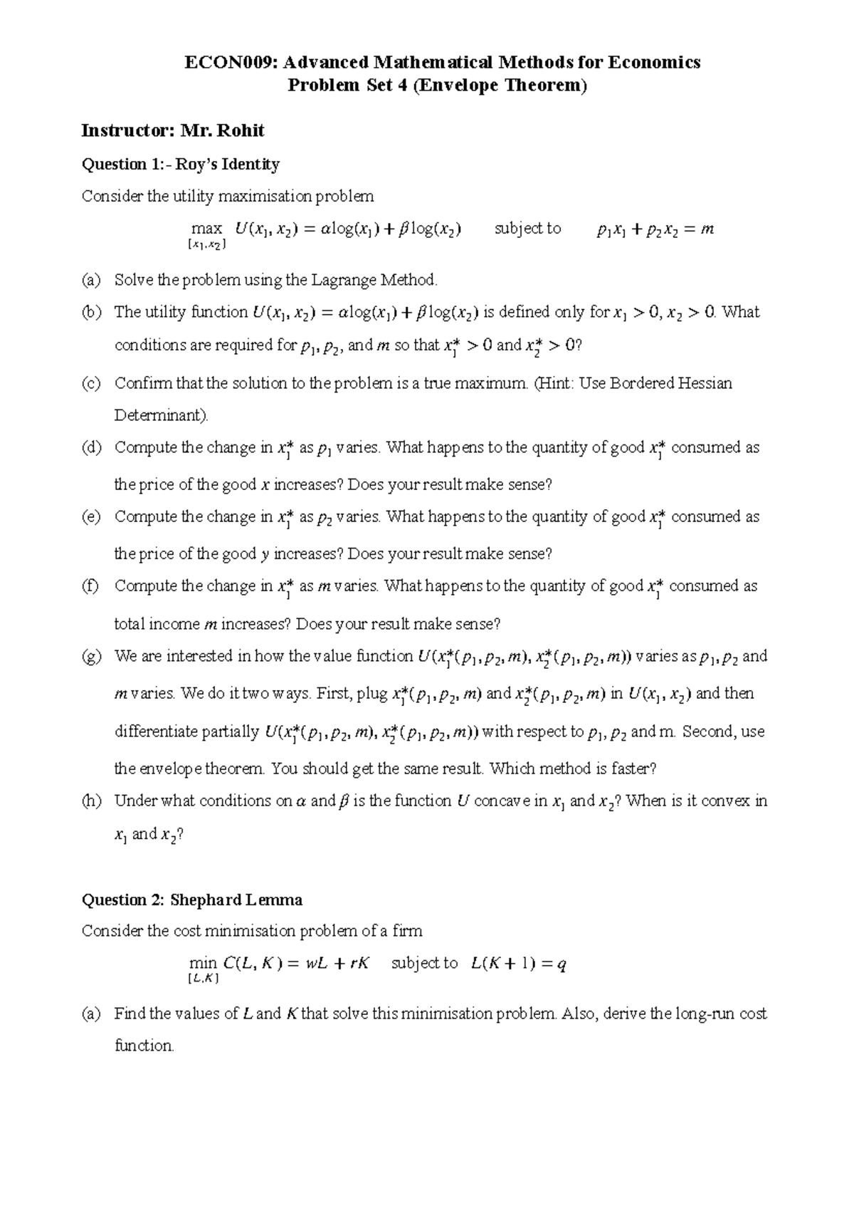 ECON009: Problem Set 4 - Advanced Math Methods in Economics - Studocu