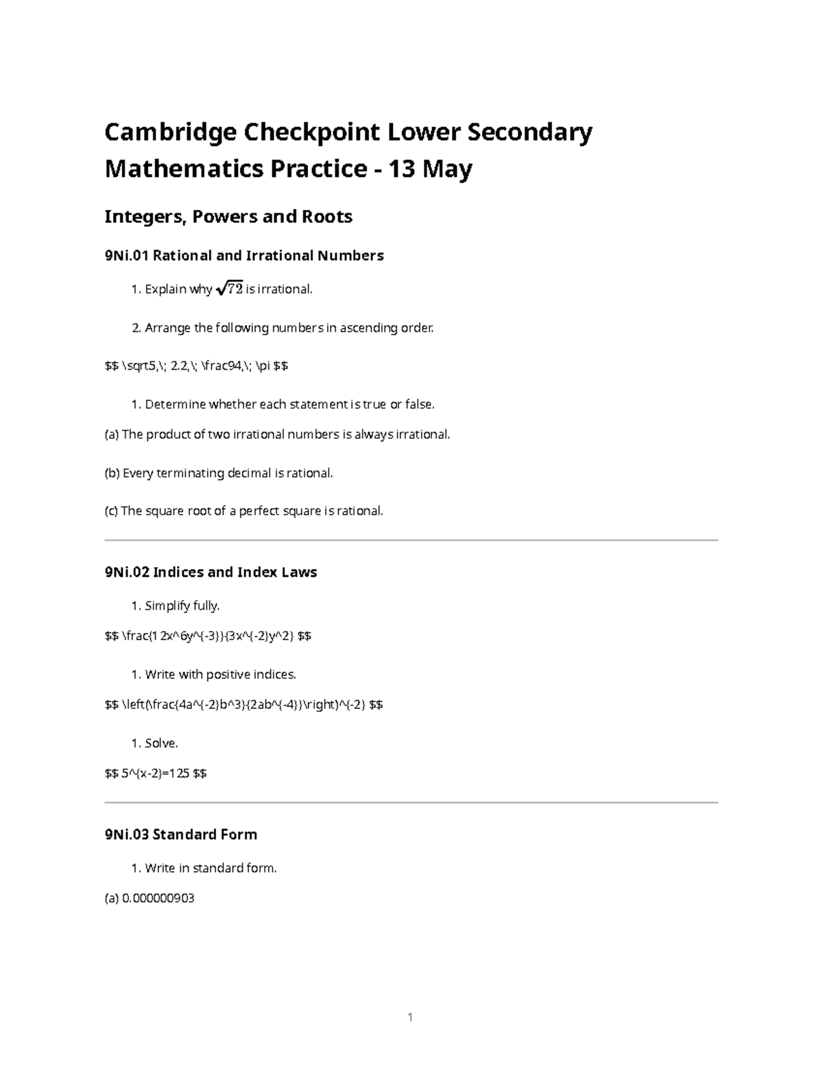 Checkpoint Practice Hard Stage 9: Mathematics Review 9Ni, 9Np, 9Nf, 9Ae ...