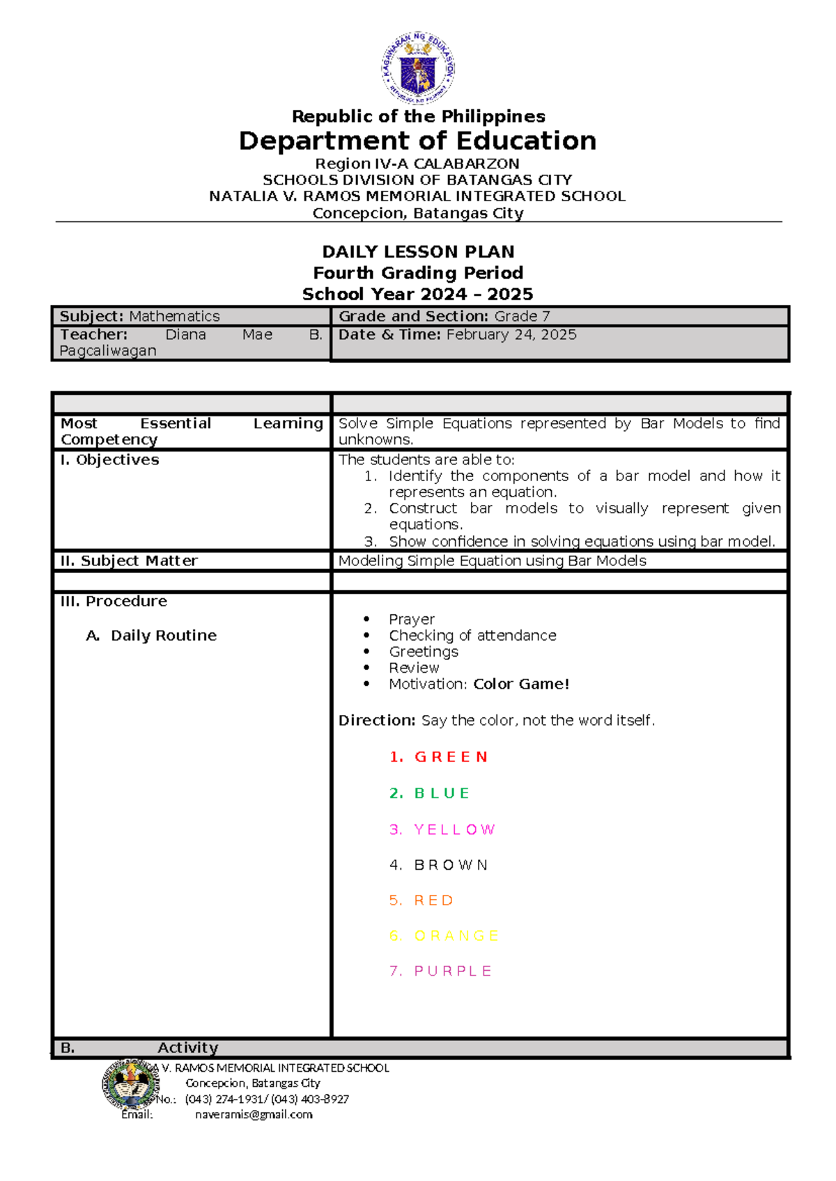 Mathematics Grade 7 Daily Lesson Plan: Solving Equations with Bar ...