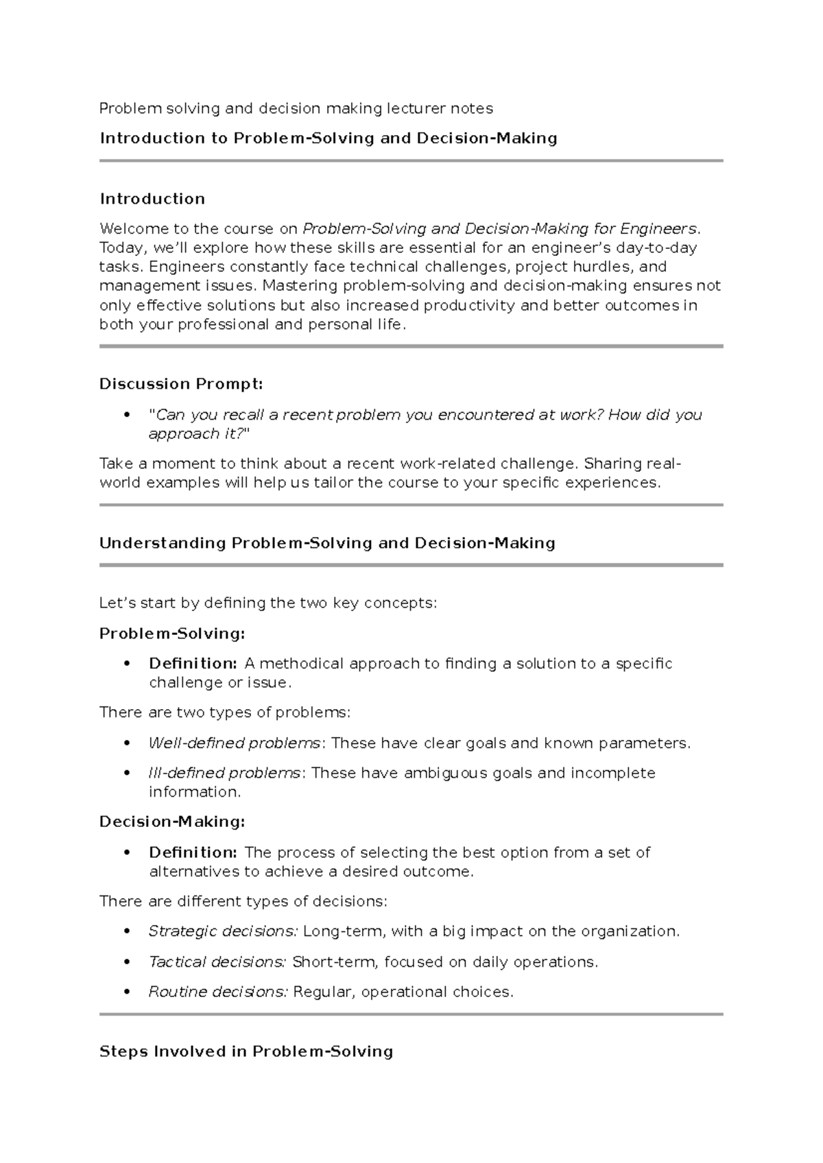 ## ENG 101: Problem Solving and Decision-Making Lecture Notes - Studocu