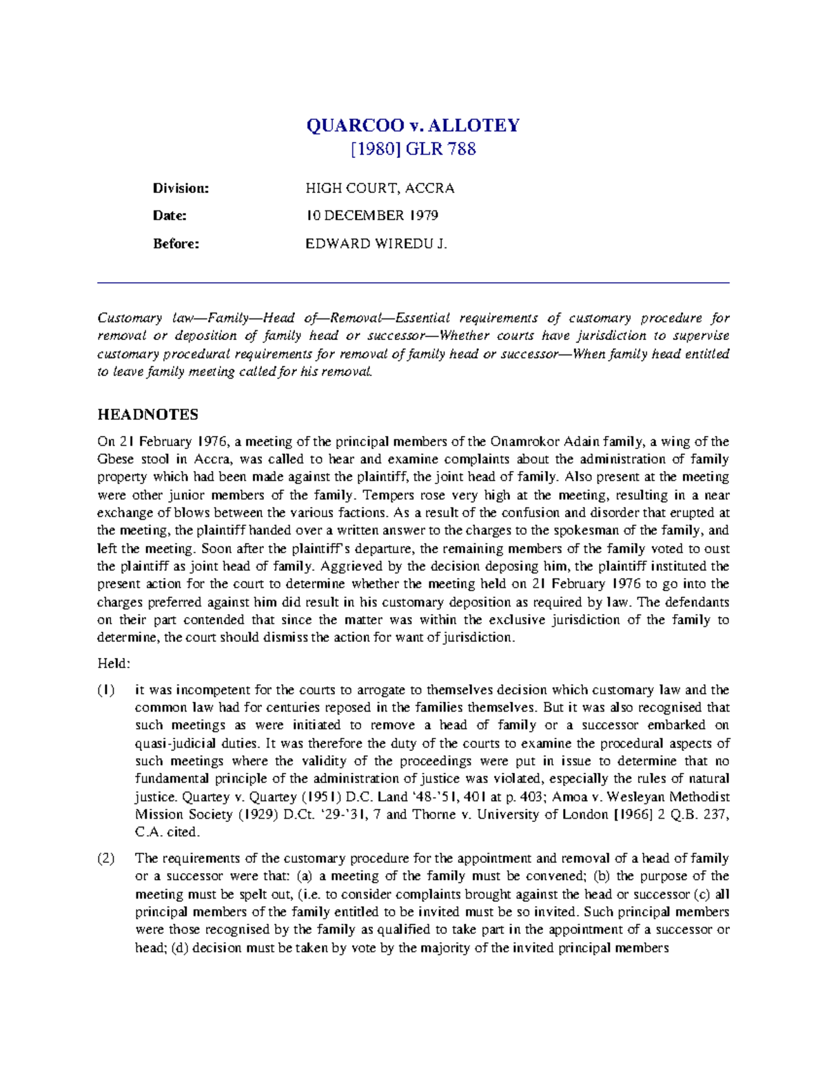 Quarcoo v. Allotey: High Court Ruling on Family Head Removal (GLR 788 ...