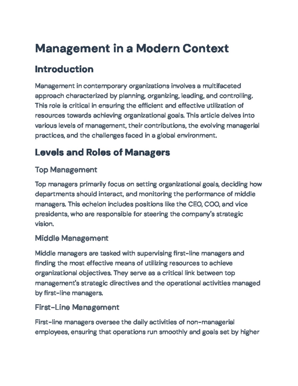 Management in a Modern Context: Roles, Skills, and Contemporary ...
