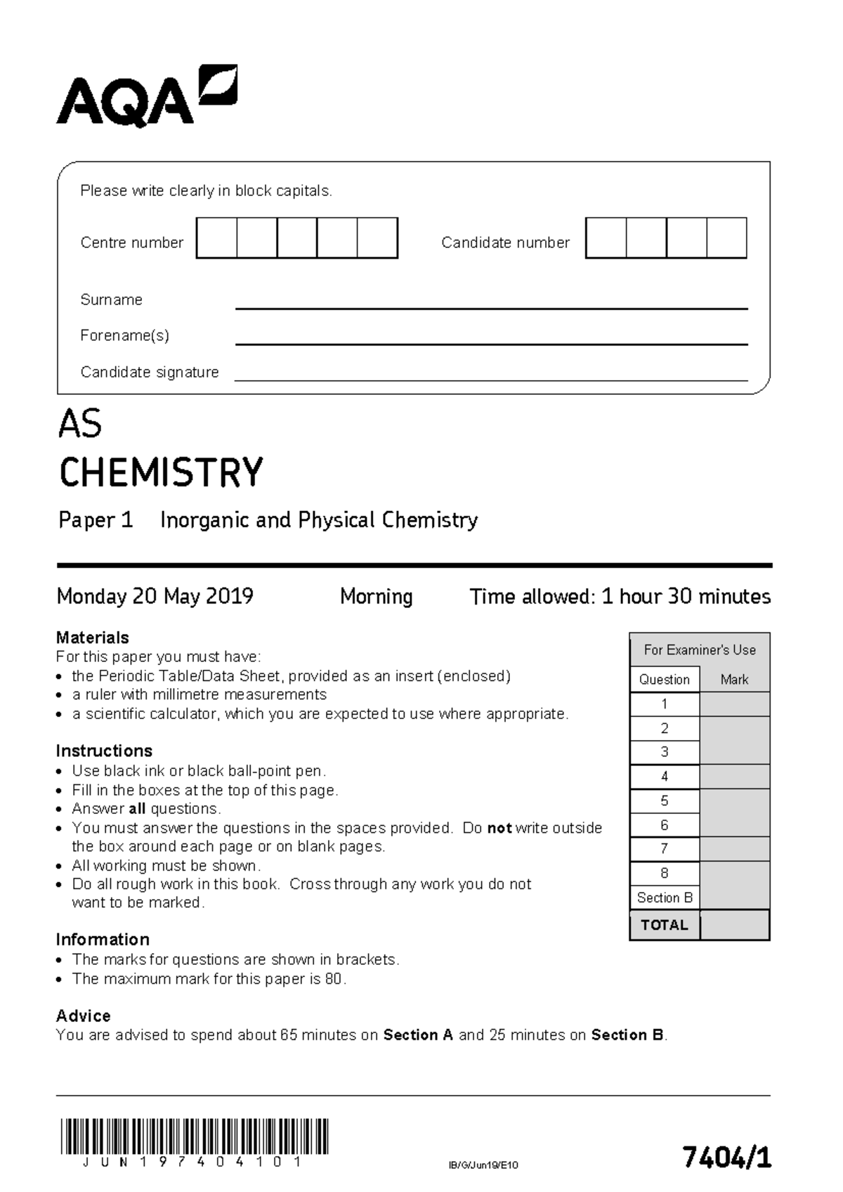 AQA 74041 AS Chemistry Paper 1: Inorganic & Physical Chemistry Exam ...