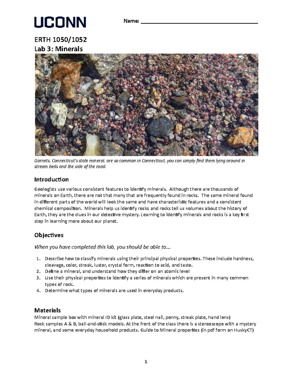 ERTH1052 Lab 3 Minerals Student - Name ...