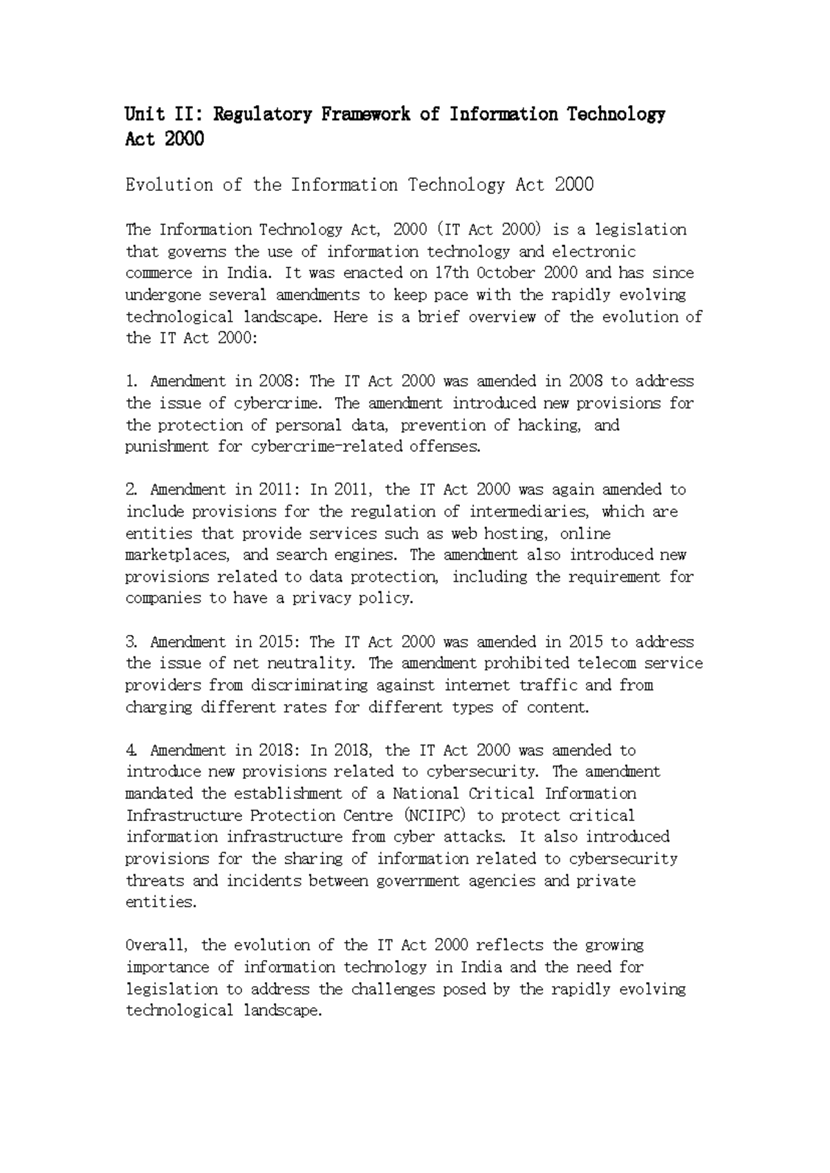 Unit II: Regulatory Framework of IT Act 2000 - Evolution and Key ...