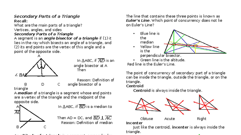Lecture on Secondary Parts of a Triangle (Math 101) - Studocu