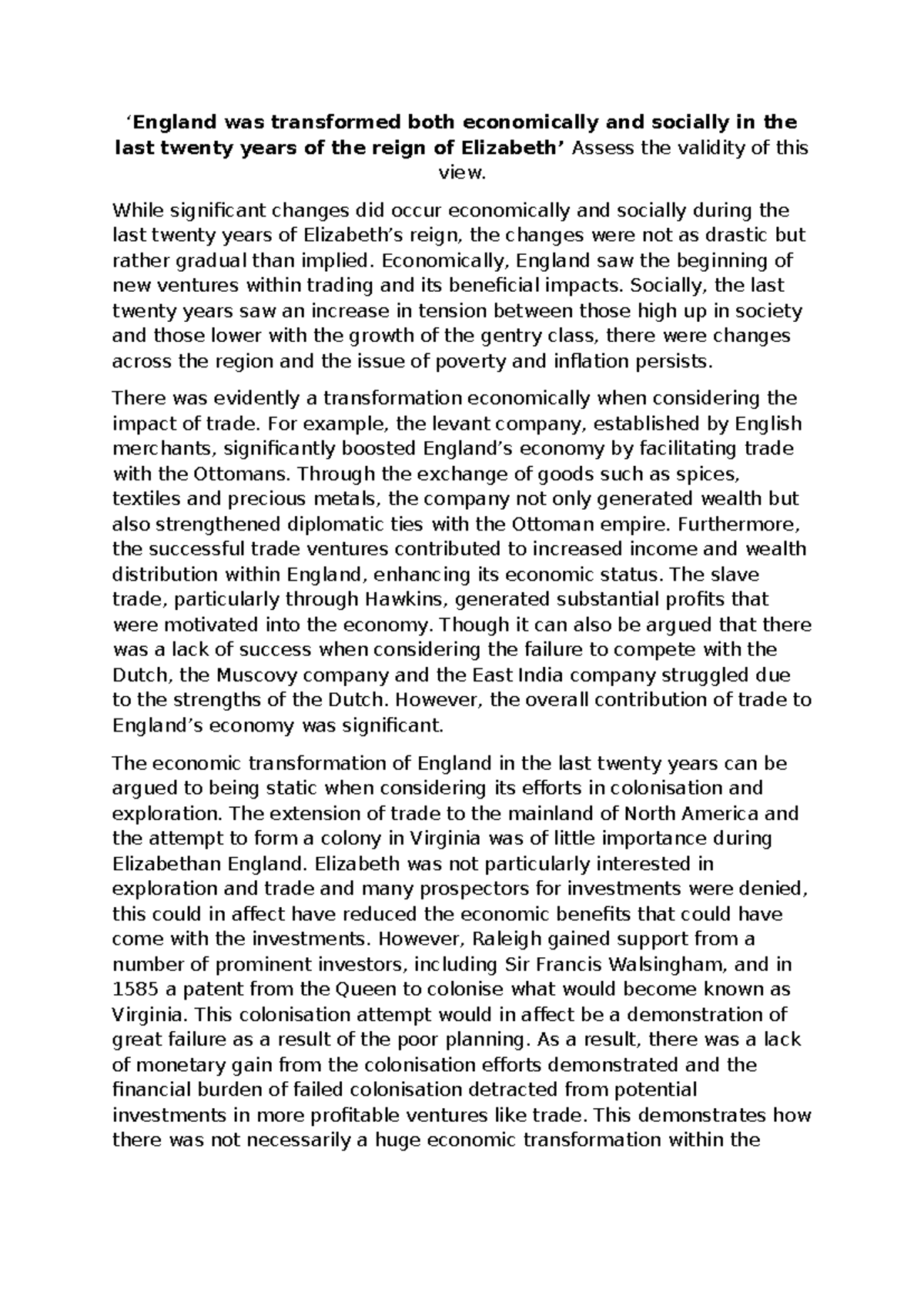 'Assessing Economic and Social Transformations in England (HIST 101 ...