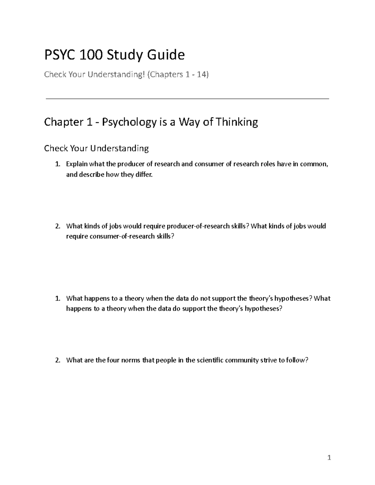 PSYC 100 Study Guide: Check Your Understanding (Chapters 1-14) - Studocu