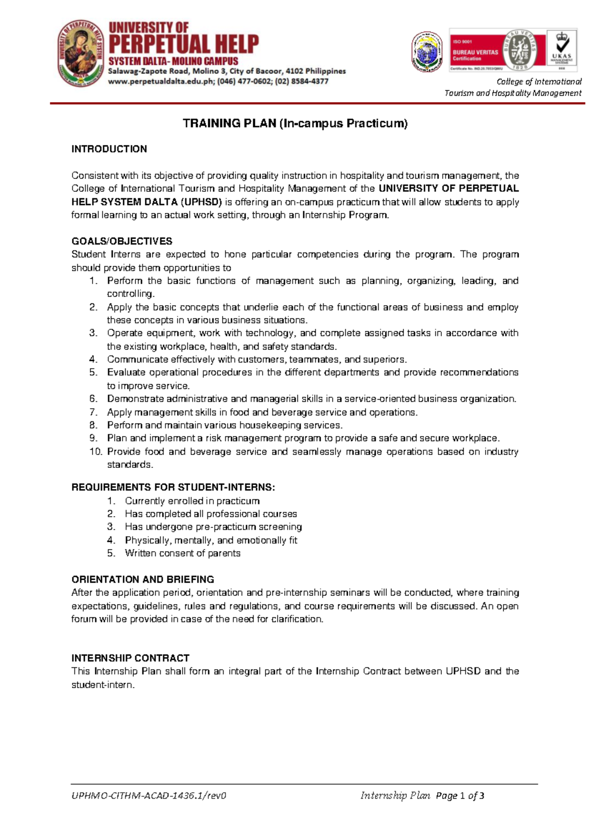 Internship Plan (In-Campus Practicum) for CITHM Lab Assistants - Studocu
