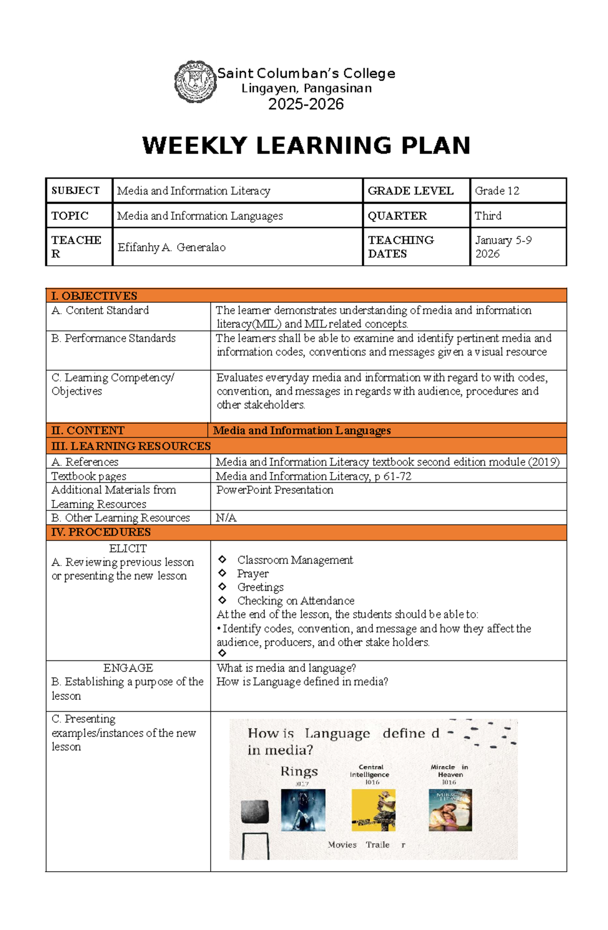 WLP Grade 12: Media and Information Literacy Weekly Learning Plan - Studocu