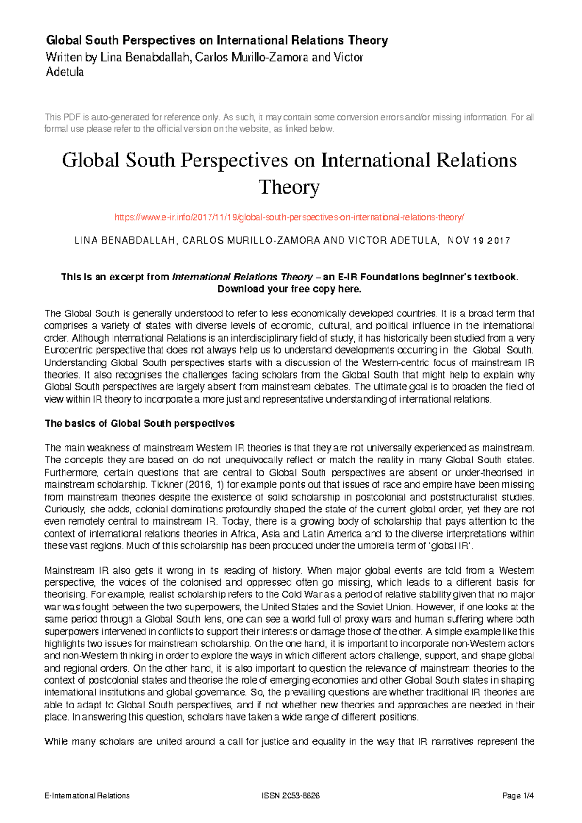 Global South Perspectives: Insights on IR Theory and Challenges - Studocu