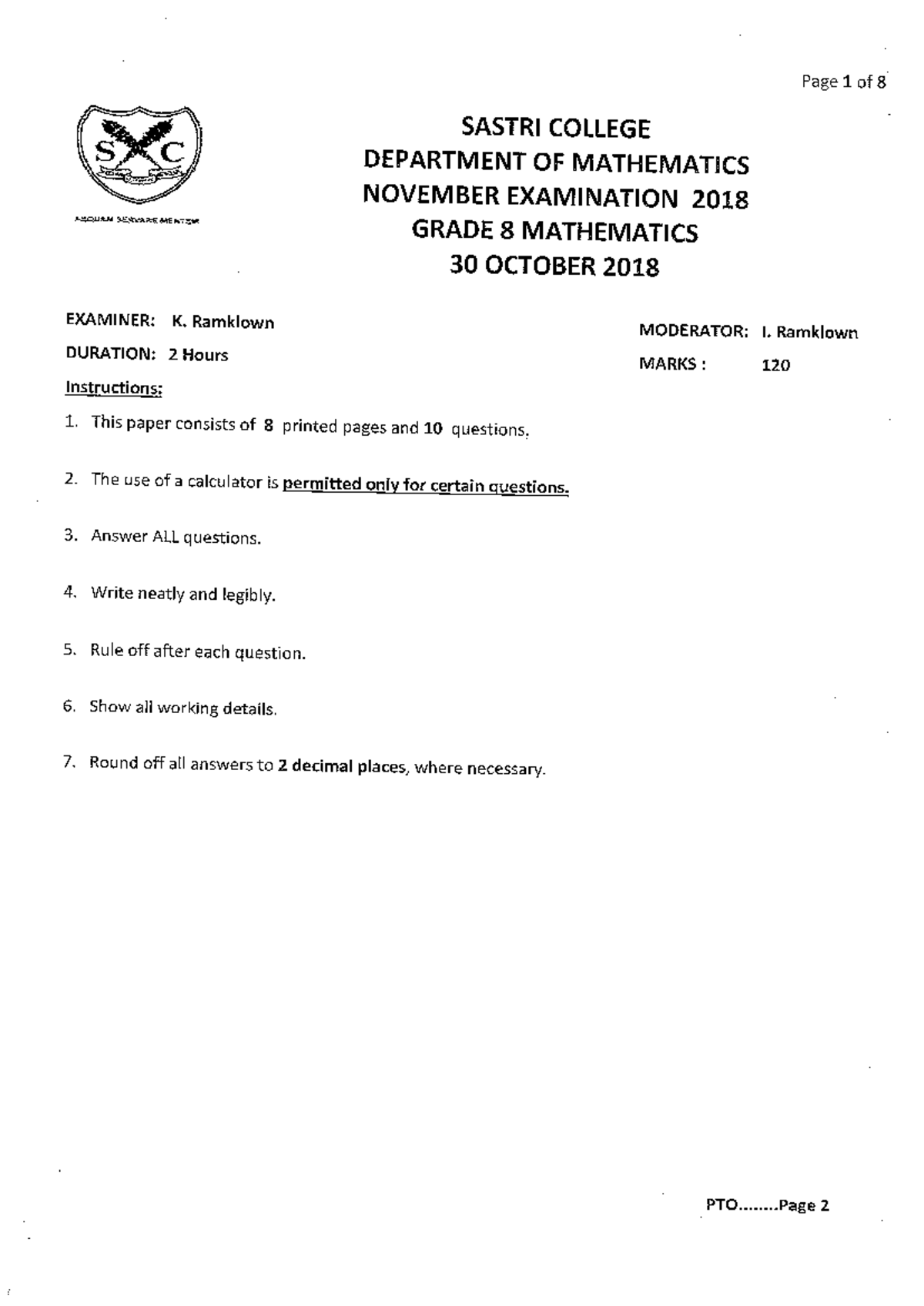 Mathematics Grade 8 November Exam 2018 - SASTRI COLLEGE - Studocu