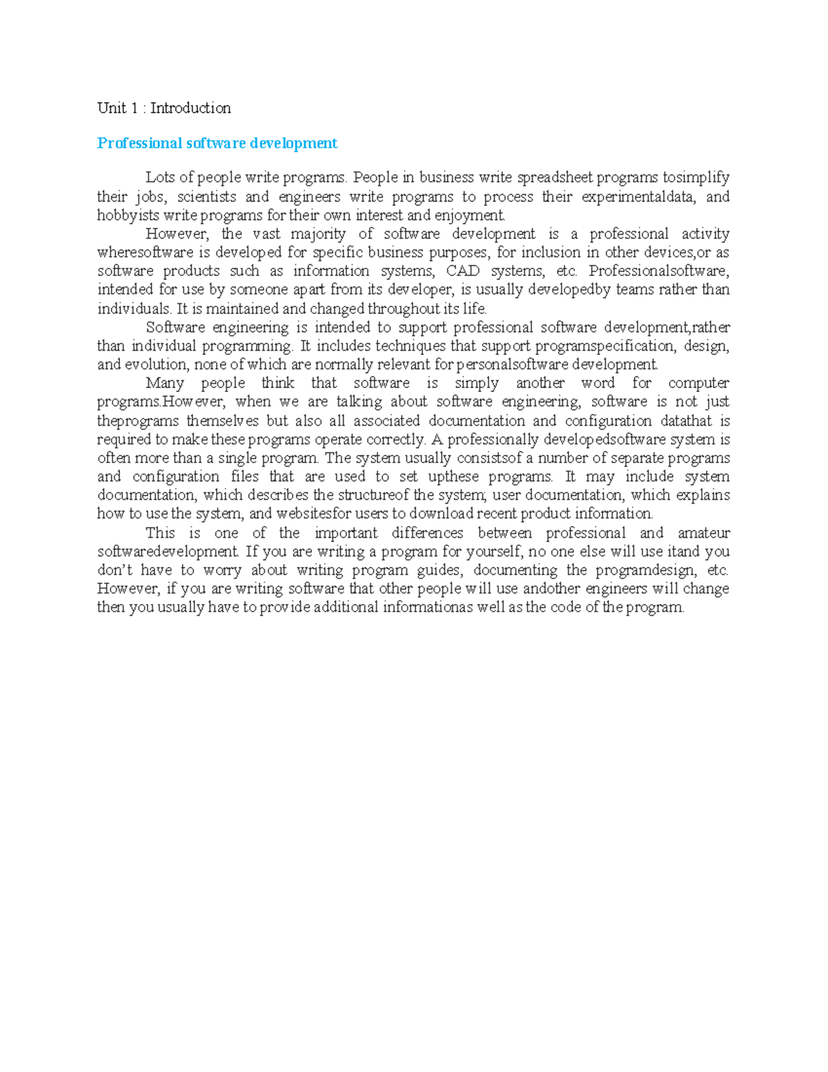SE UNIT 1 - Introduction to Professional Software Development Notes ...